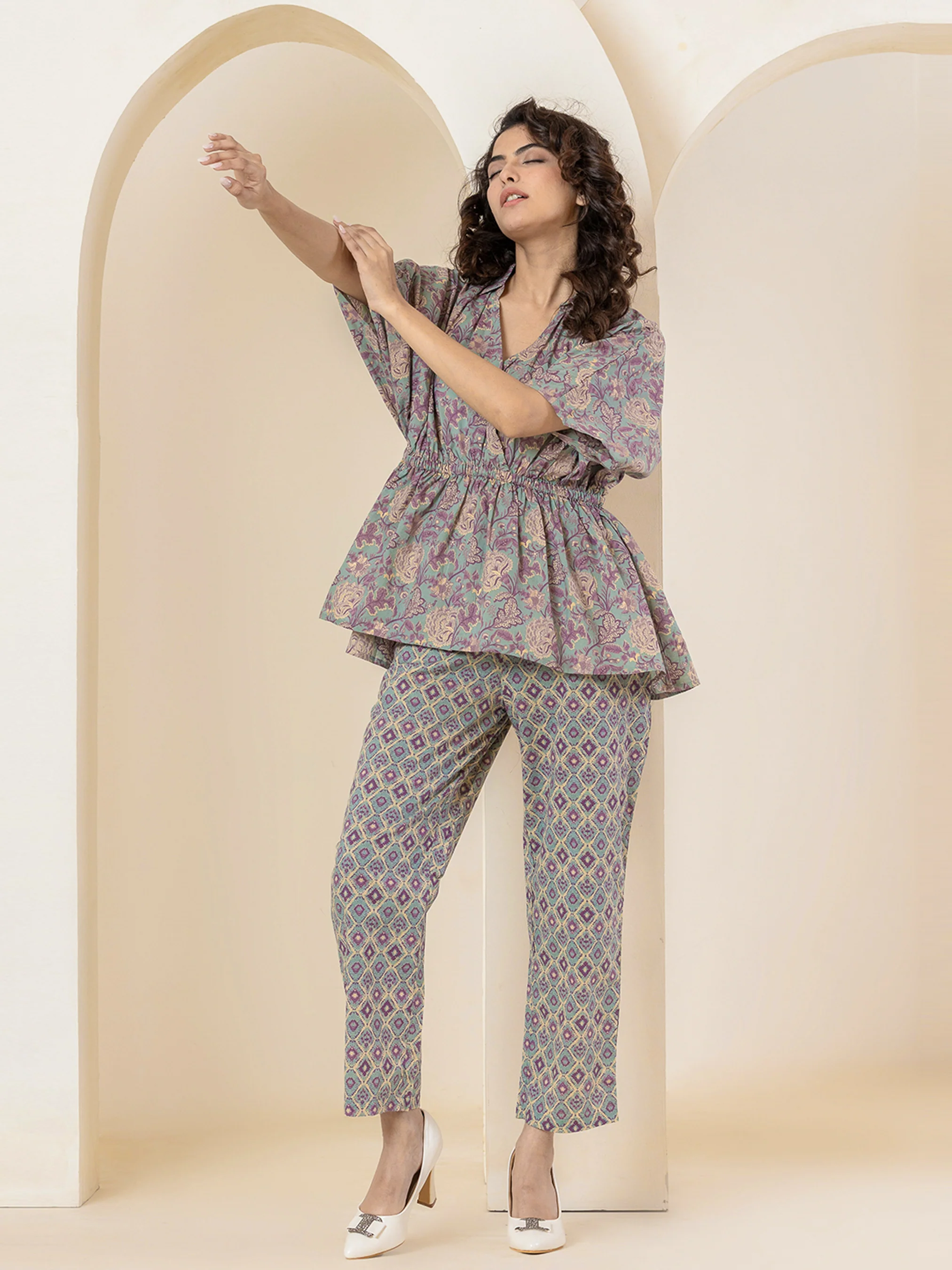 High Low Purple green Pure cotton Hand Printed Loungewear - Image 9