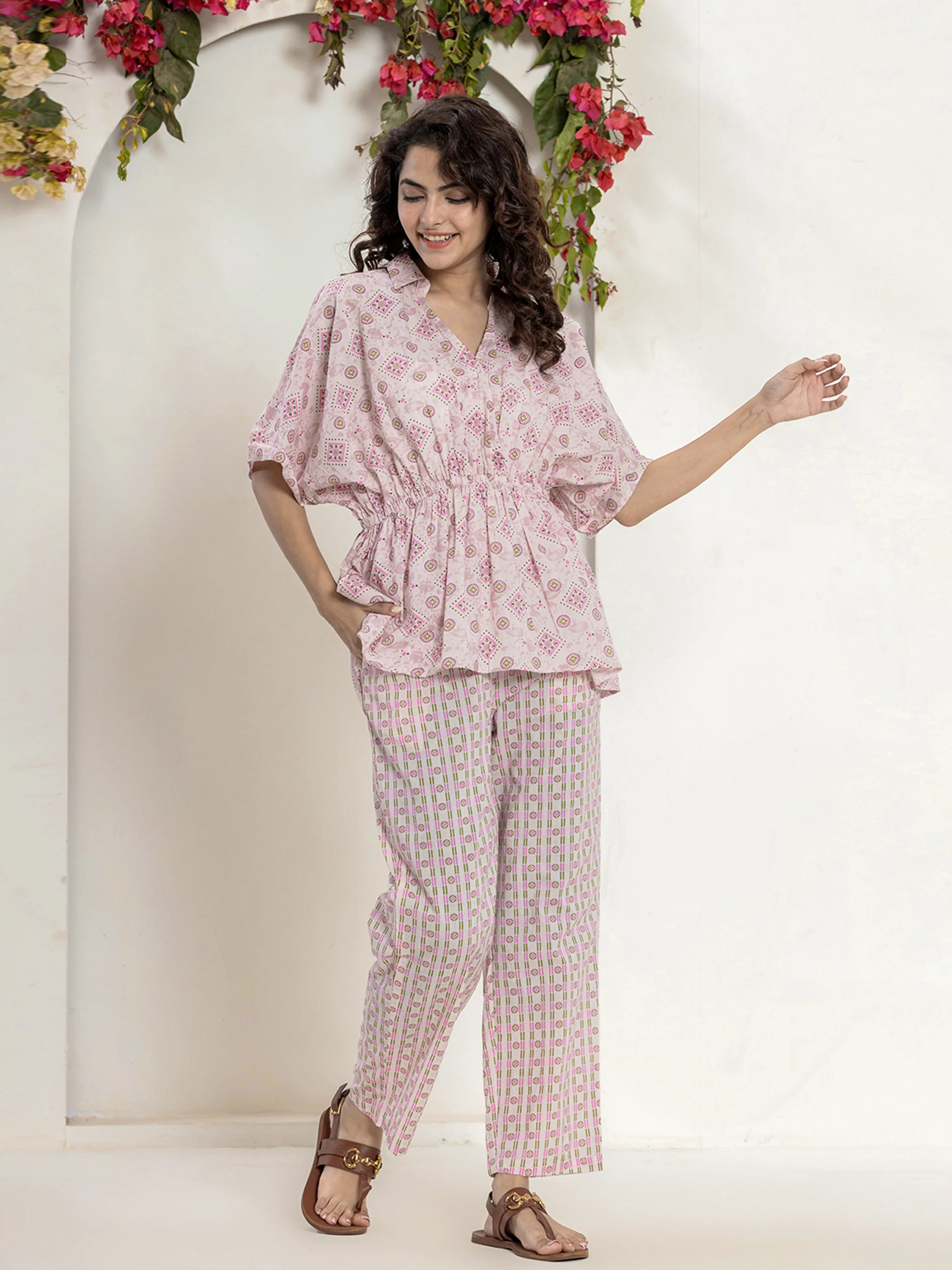 High Low Rosy Gold Pure cotton Hand Printed Loungewear - Image 3