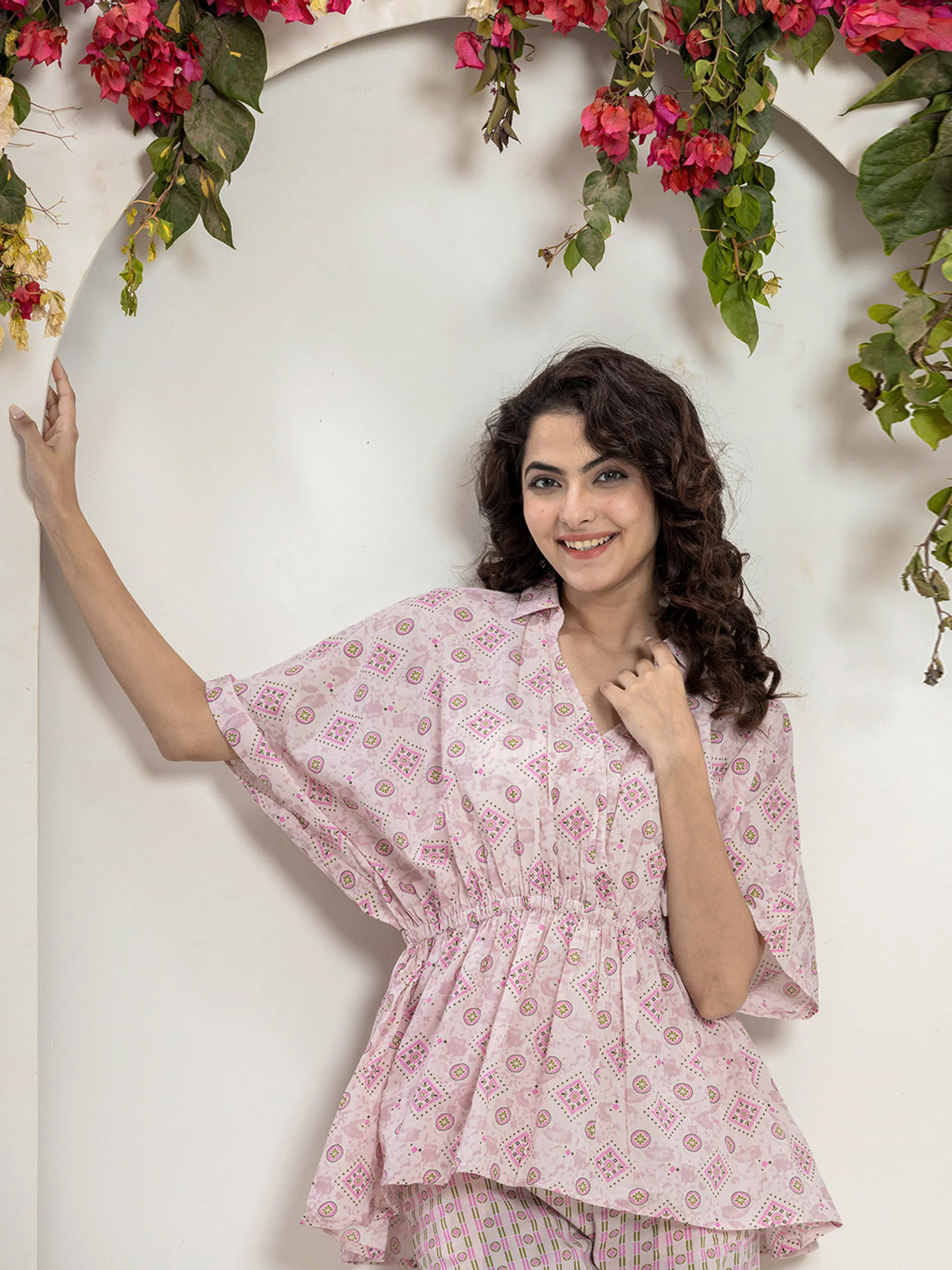 High Low Rosy Gold Pure cotton Hand Printed Loungewear - Image 5