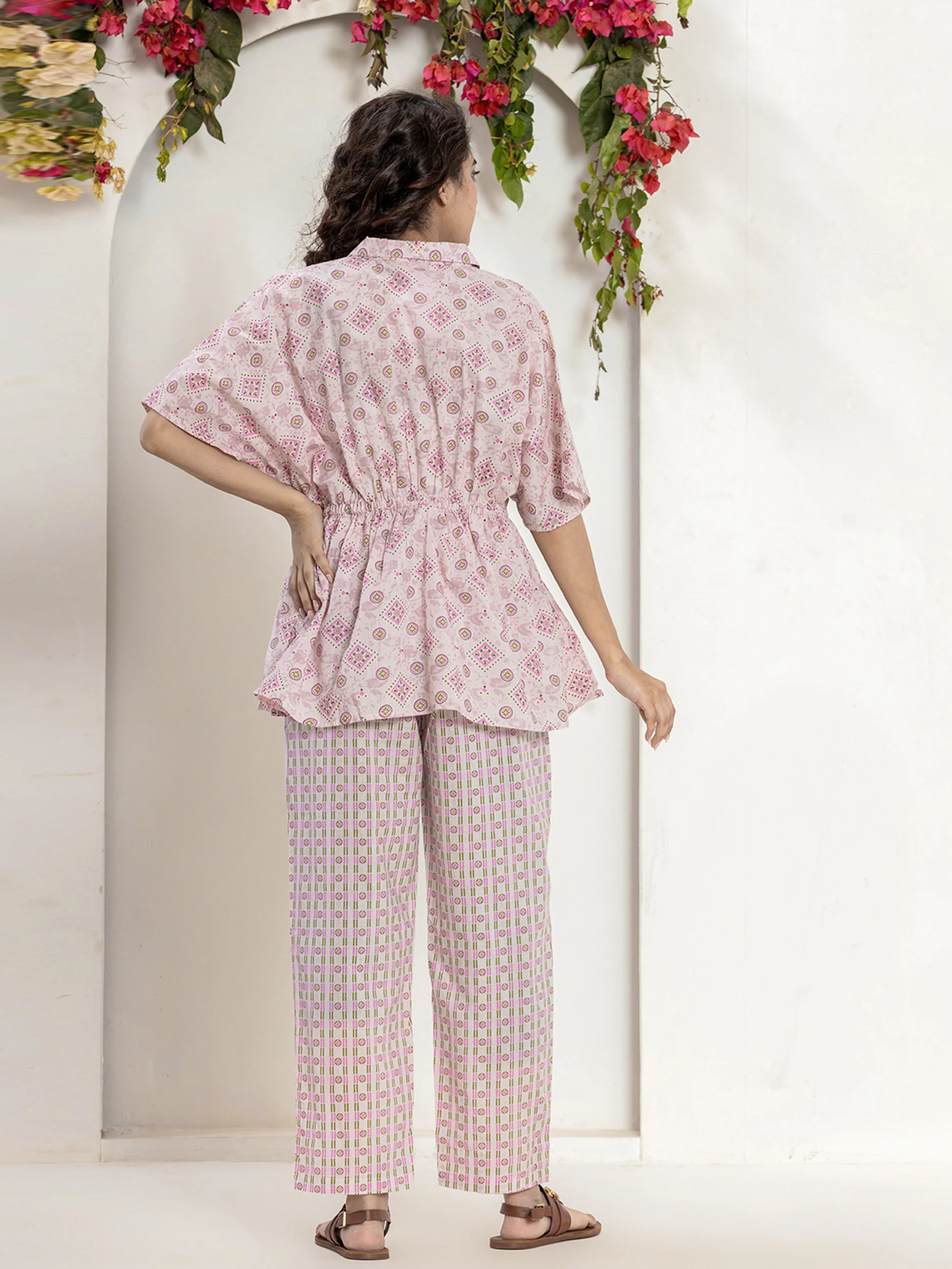 High Low Rosy Gold Pure cotton Hand Printed Loungewear - Image 6