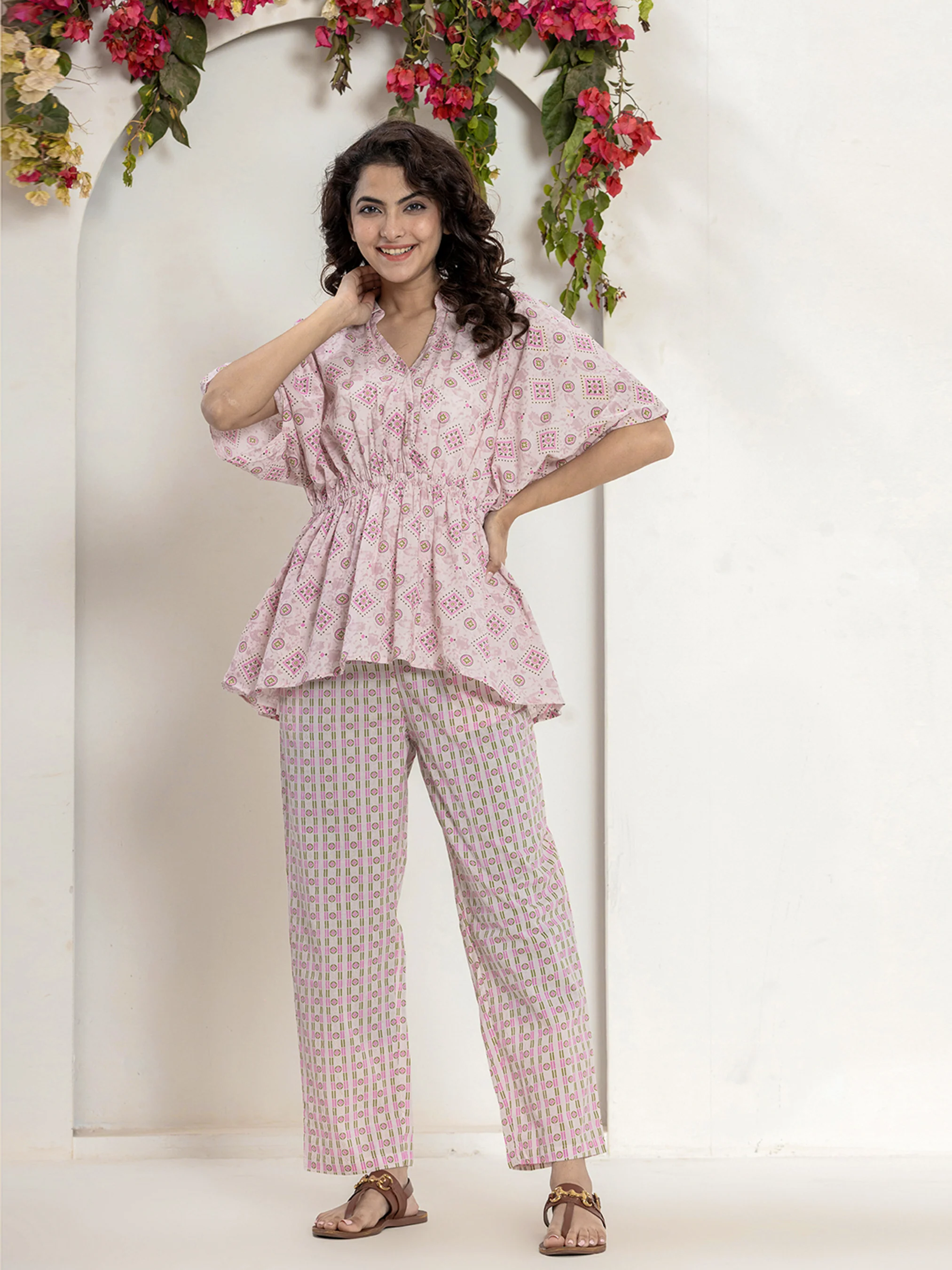 High Low Rosy Gold Pure cotton Hand Printed Loungewear - Image 7
