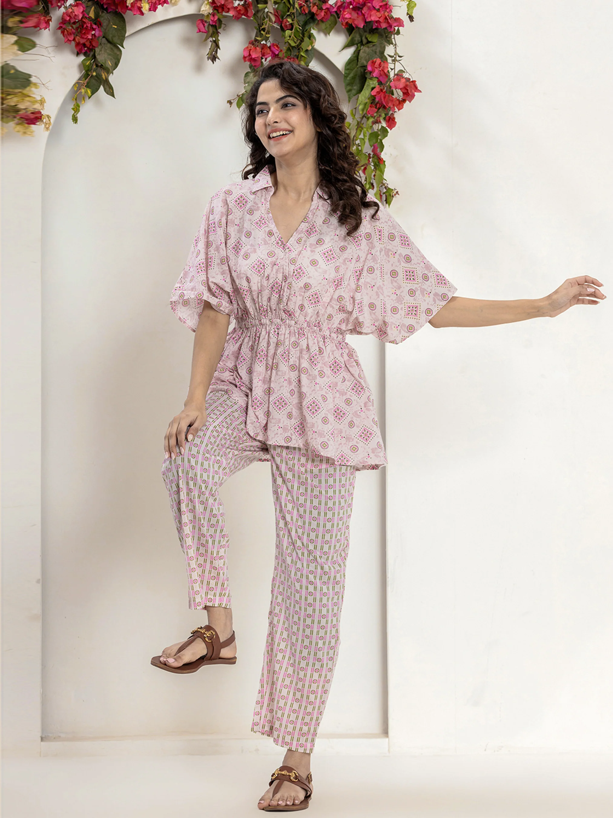 High Low Rosy Gold Pure cotton Hand Printed Loungewear - Image 8