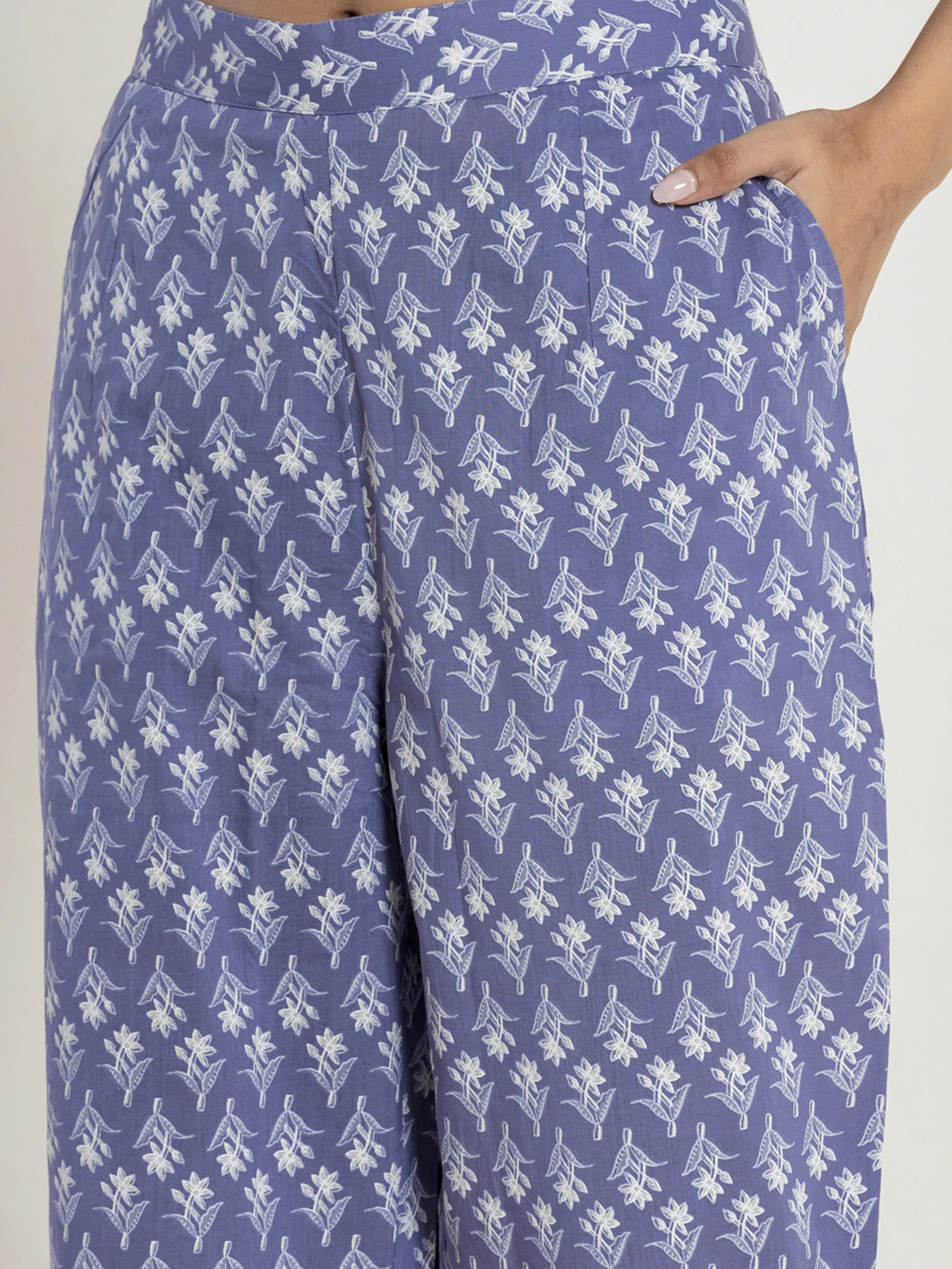High Low Steel Blue Pure cotton Hand Printed Loungewear - Image 12