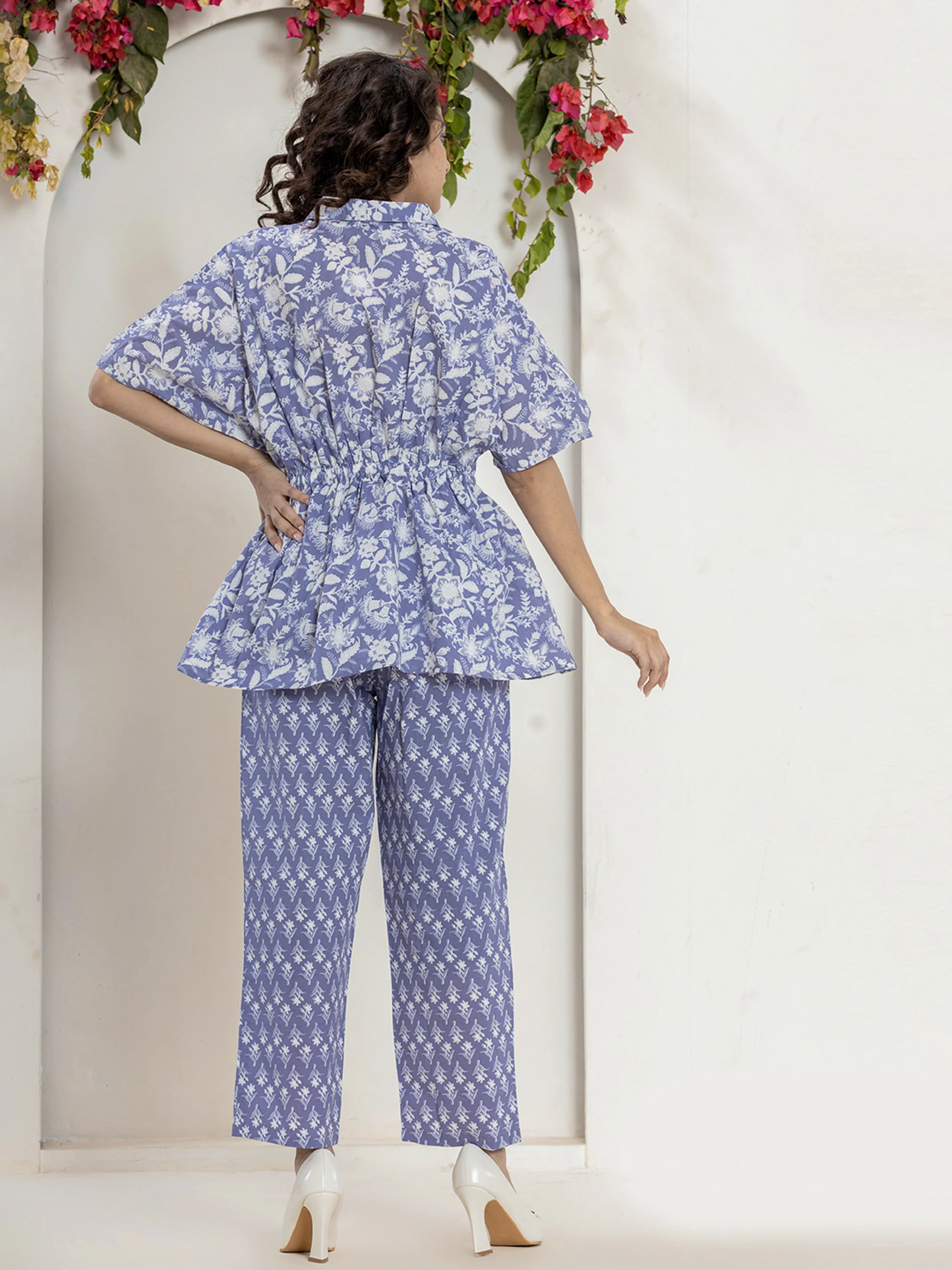 High Low Steel Blue Pure cotton Hand Printed Loungewear - Image 3