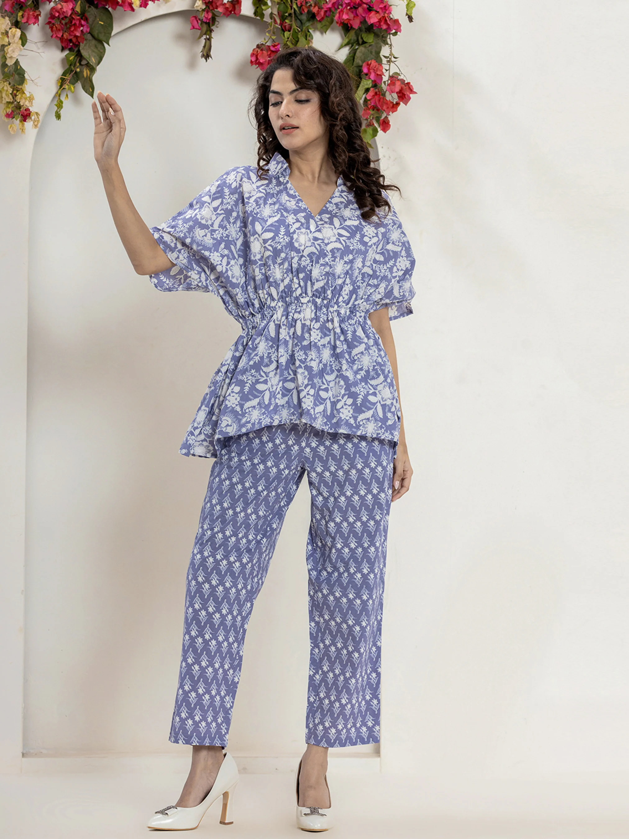 High Low Steel Blue Pure cotton Hand Printed Loungewear - Image 5