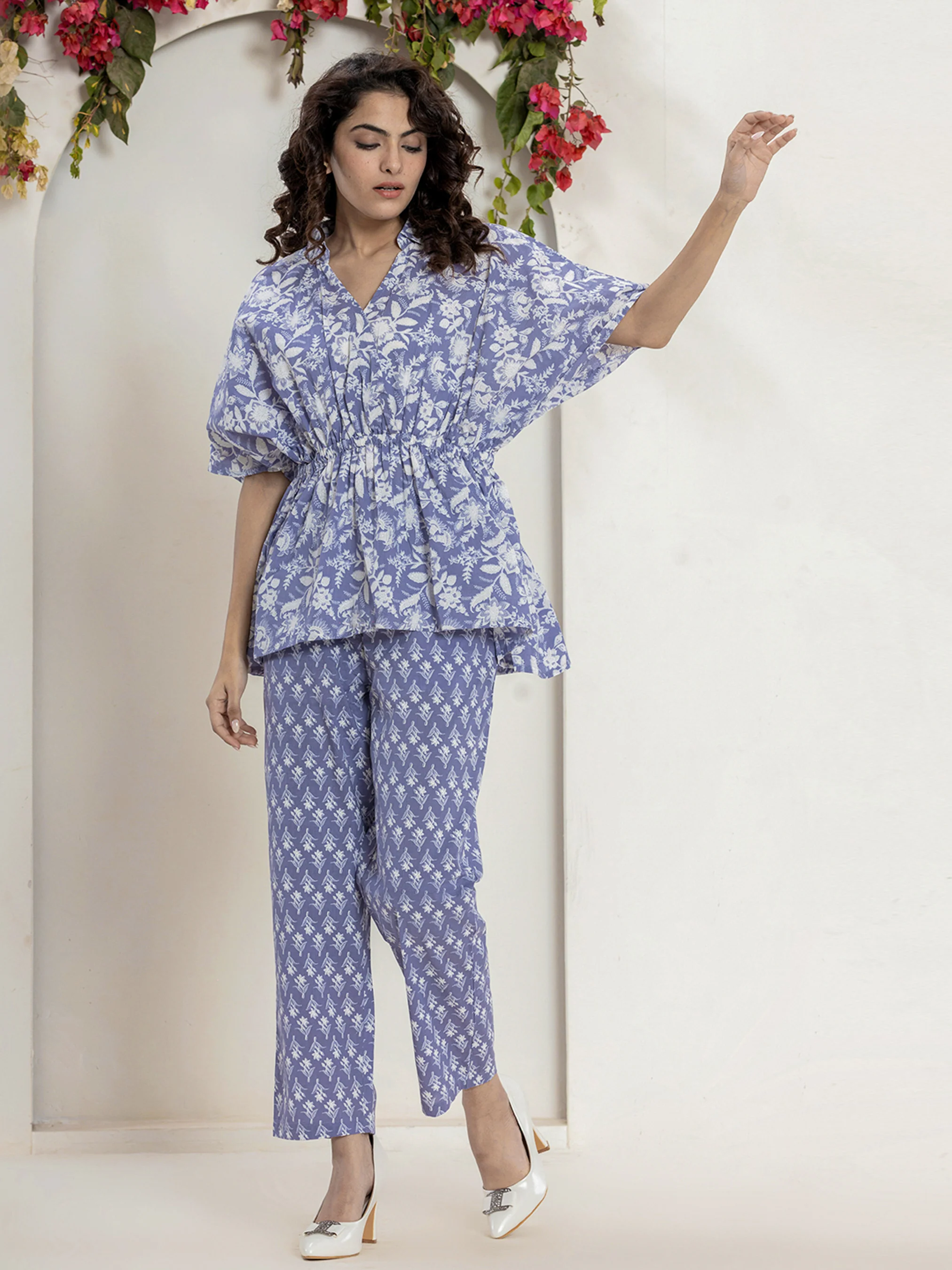High Low Steel Blue Pure cotton Hand Printed Loungewear - Image 6