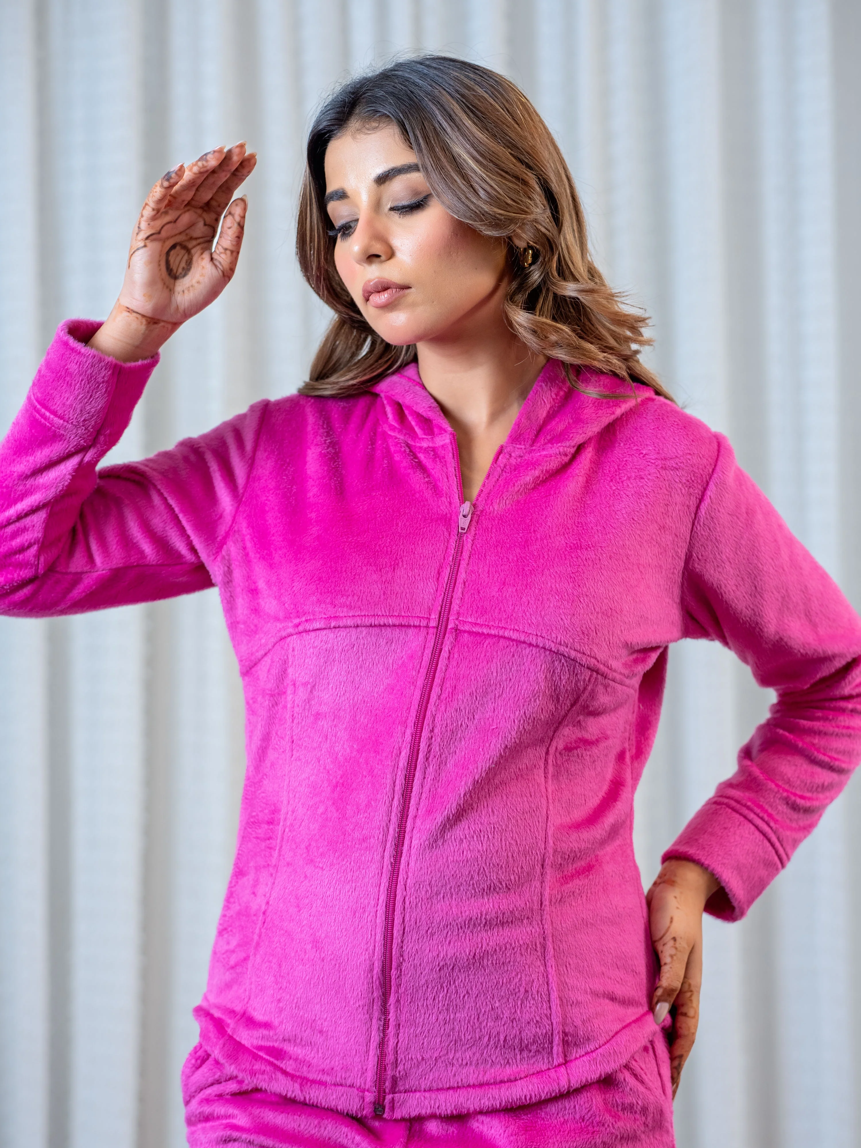 Hot Pink Super Soft Woollen Zip-Up Hoodie Sweatshirt Set - Image 3