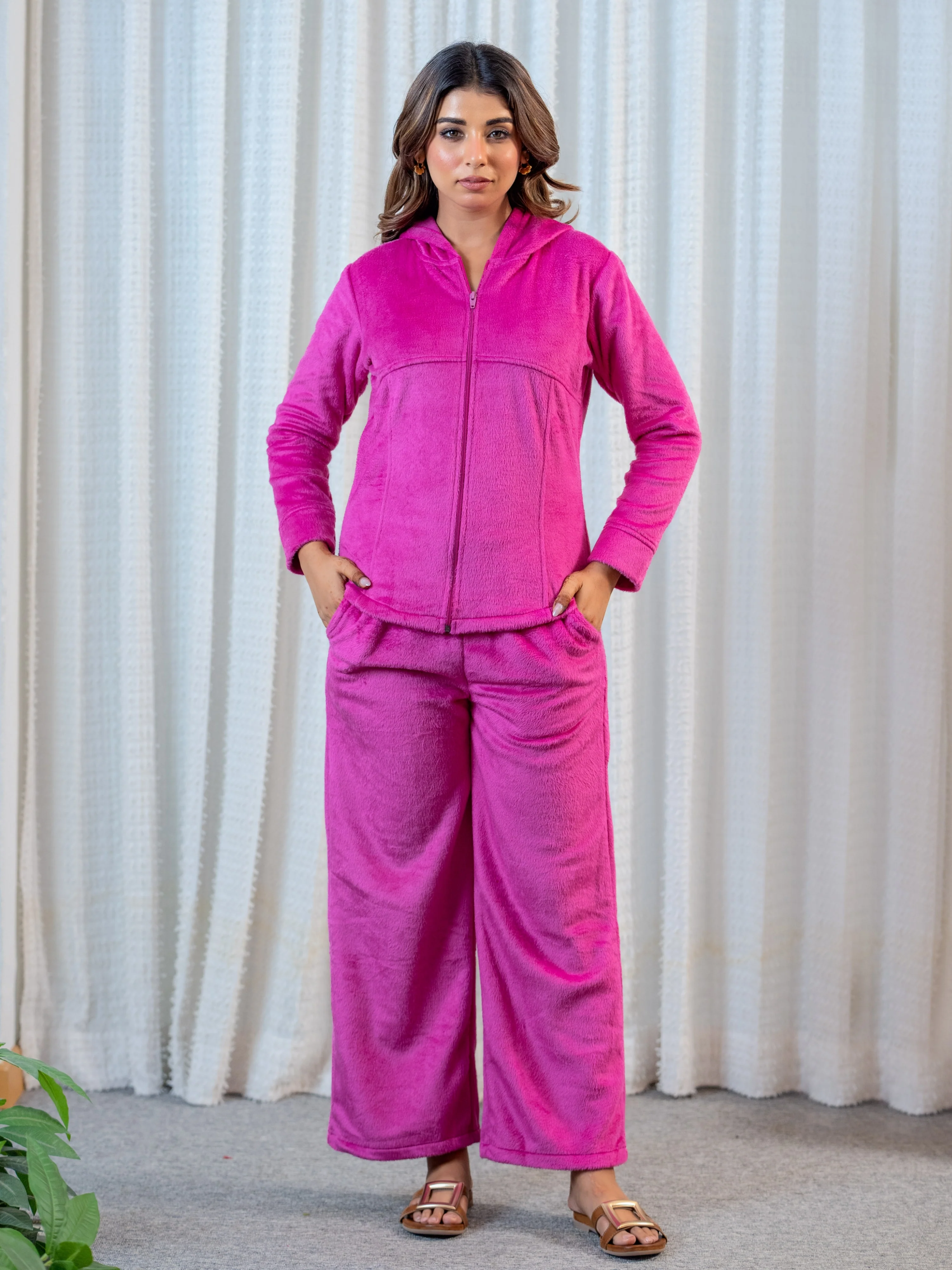 Hot Pink Super Soft Woollen Zip-Up Hoodie Sweatshirt Set - Image 4