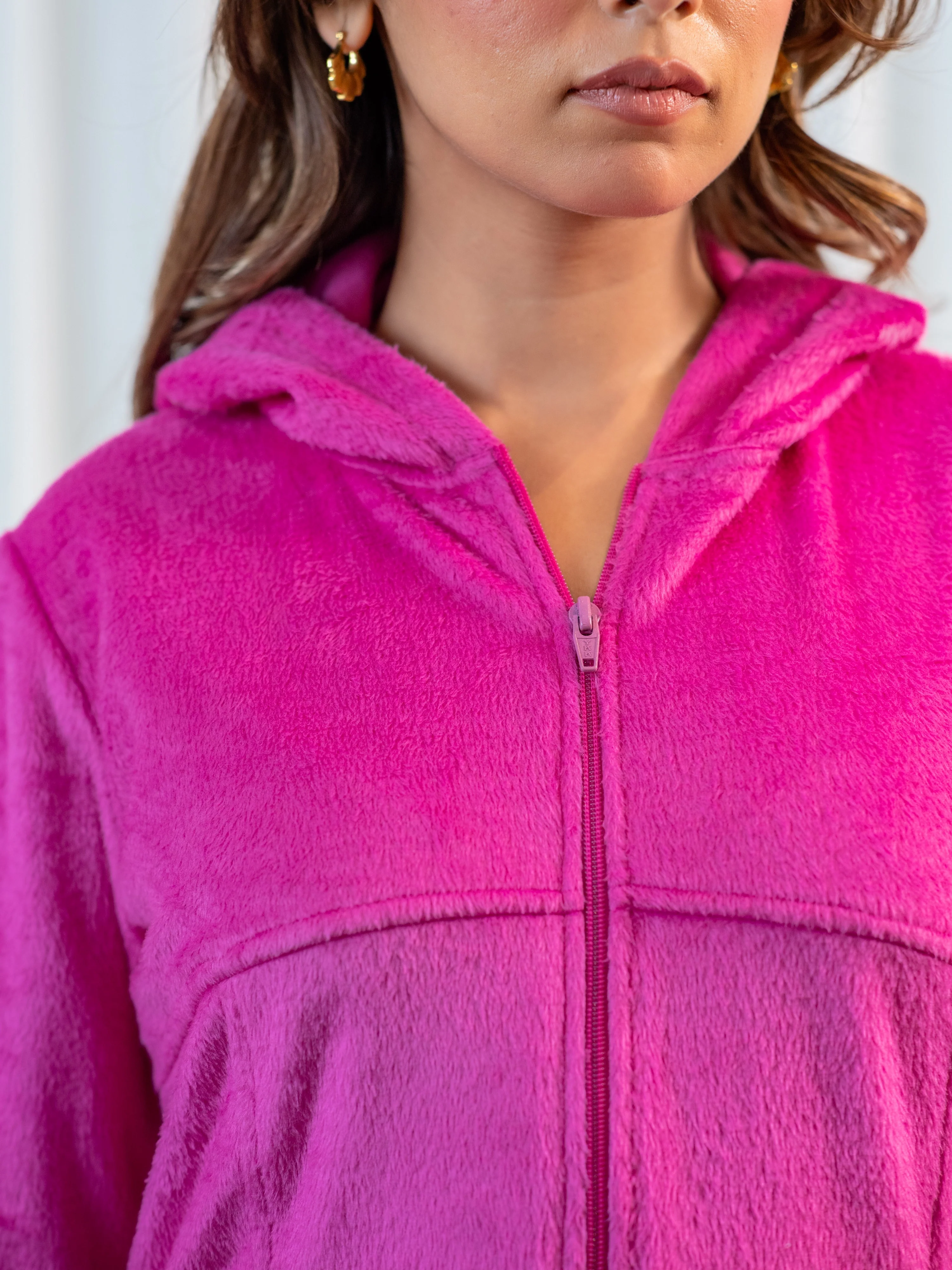 Hot Pink Super Soft Woollen Zip-Up Hoodie Sweatshirt Set - Image 5