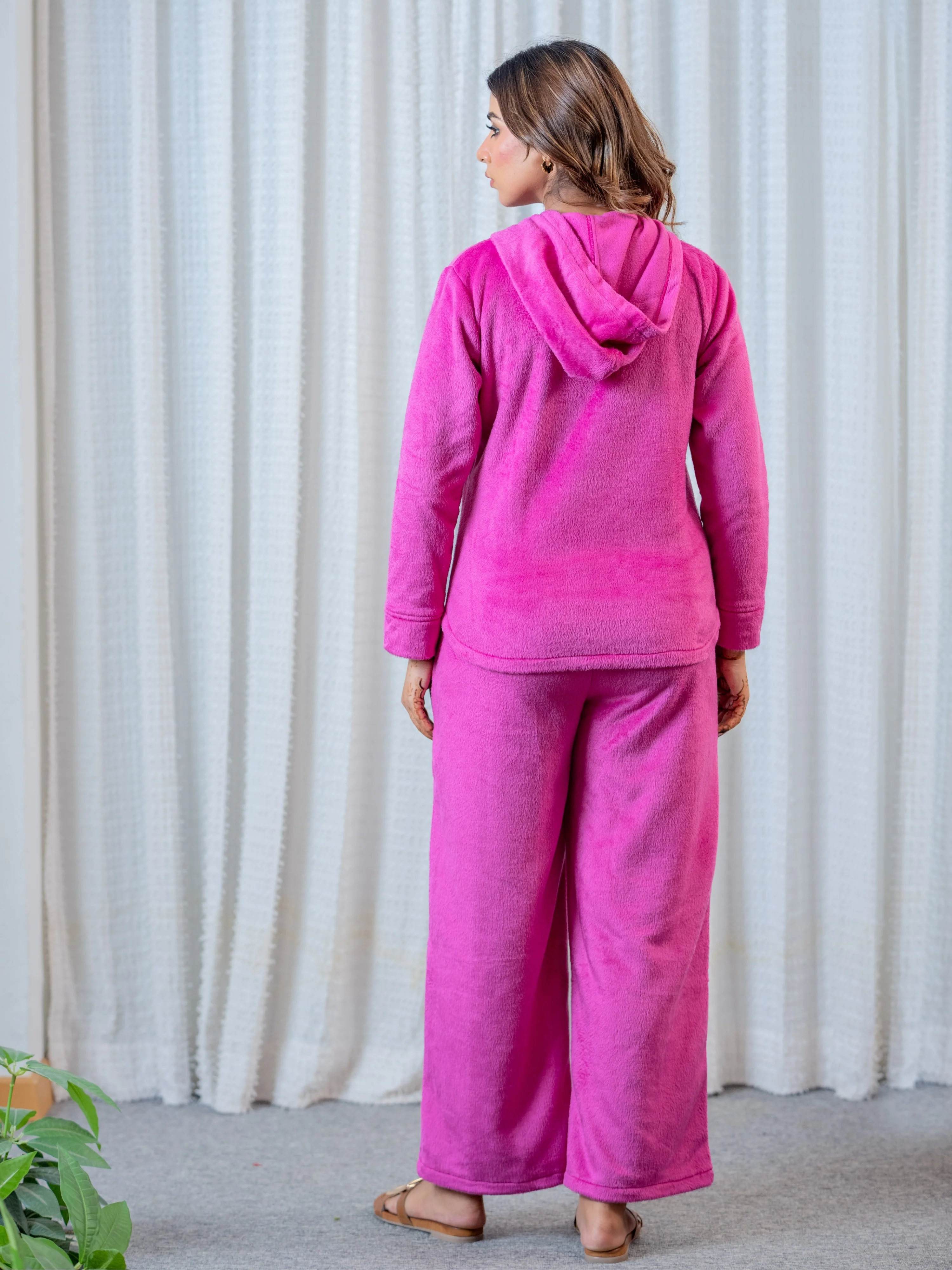 Hot Pink Super Soft Woollen Zip-Up Hoodie Sweatshirt Set - Image 8