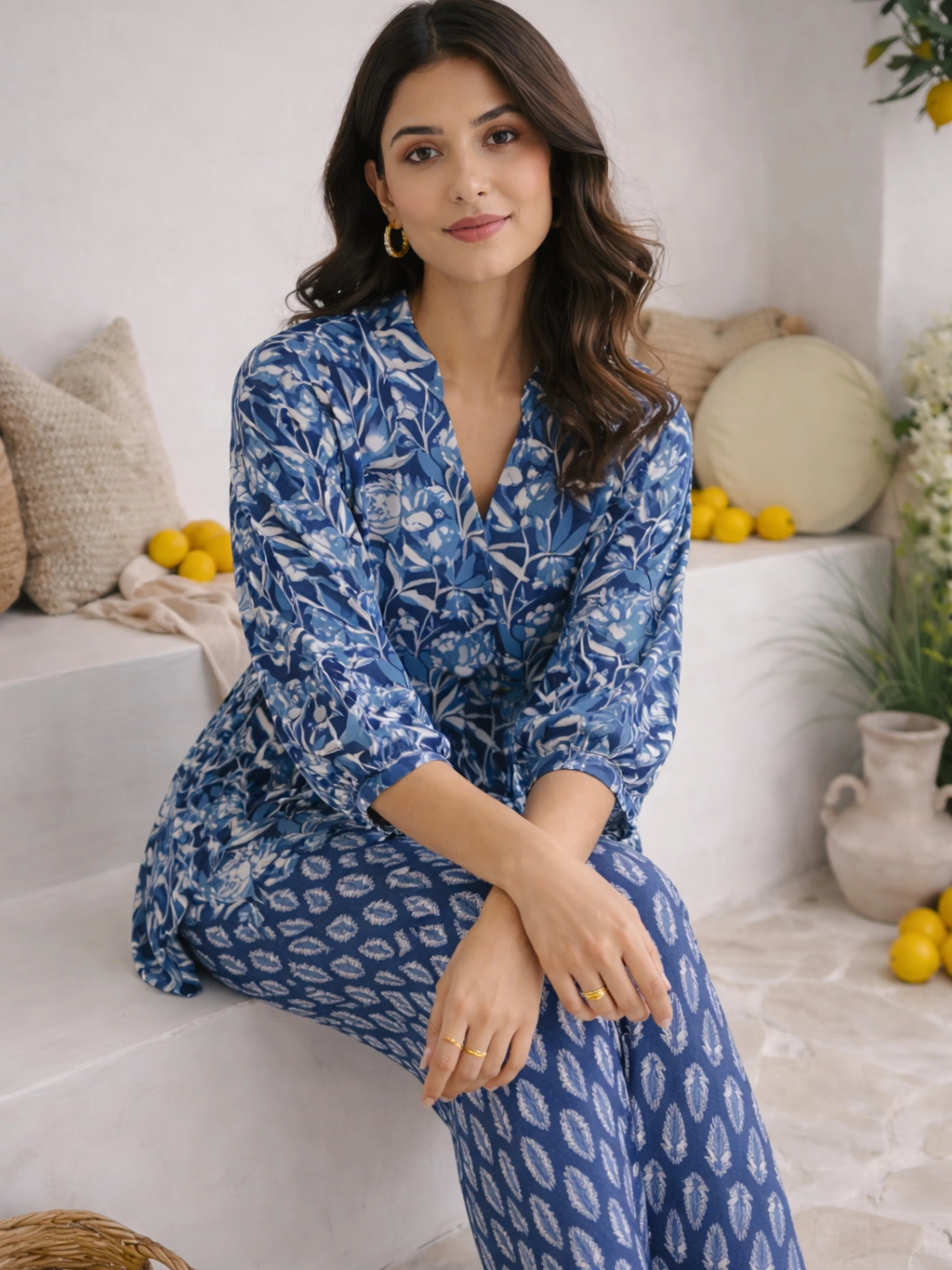 Indigo Floral Flirt Pure Cotton Back Pleated Co-ord set - Image 2
