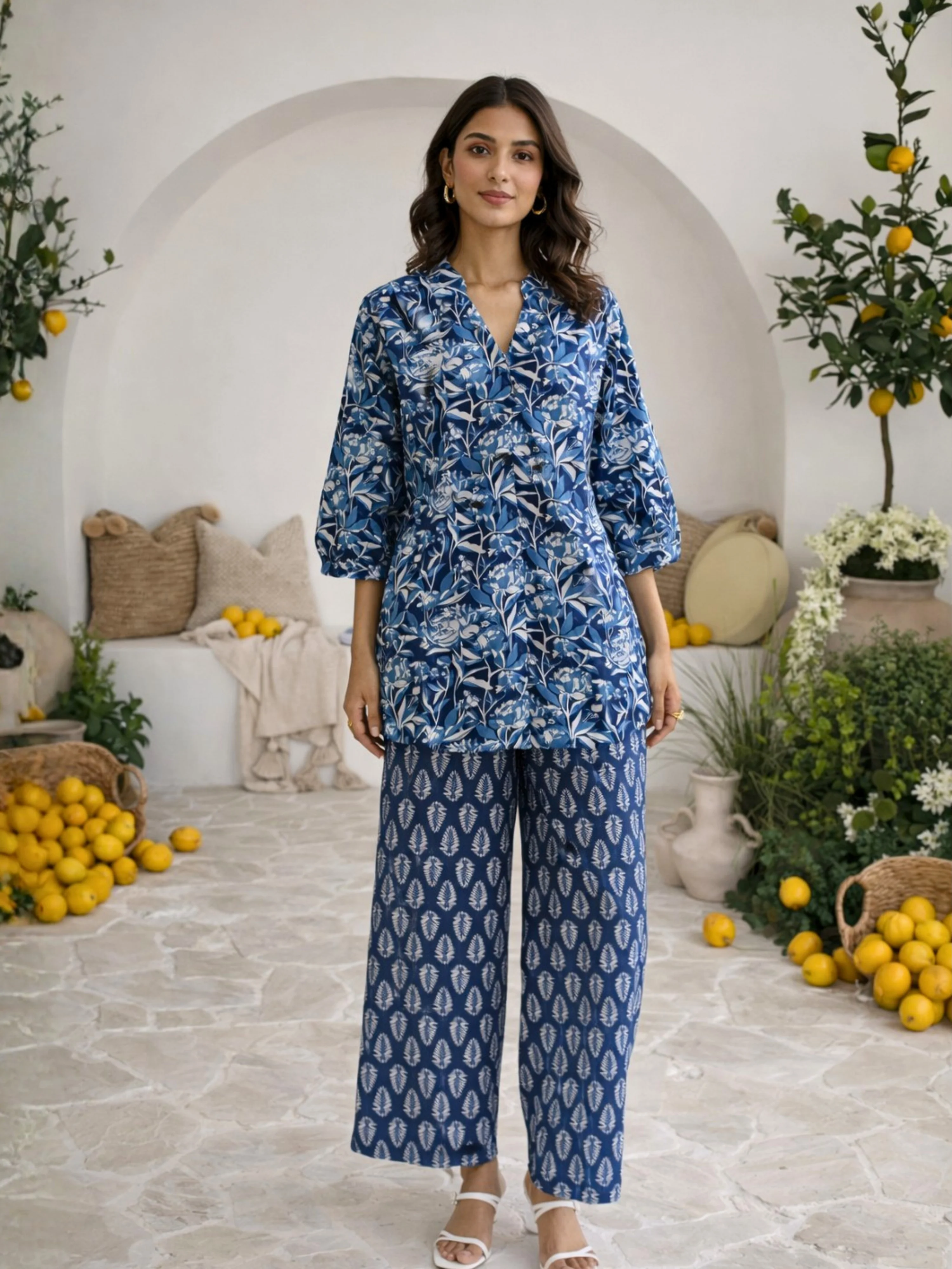 Indigo Floral Flirt Pure Cotton Back Pleated Co-ord set - Image 5