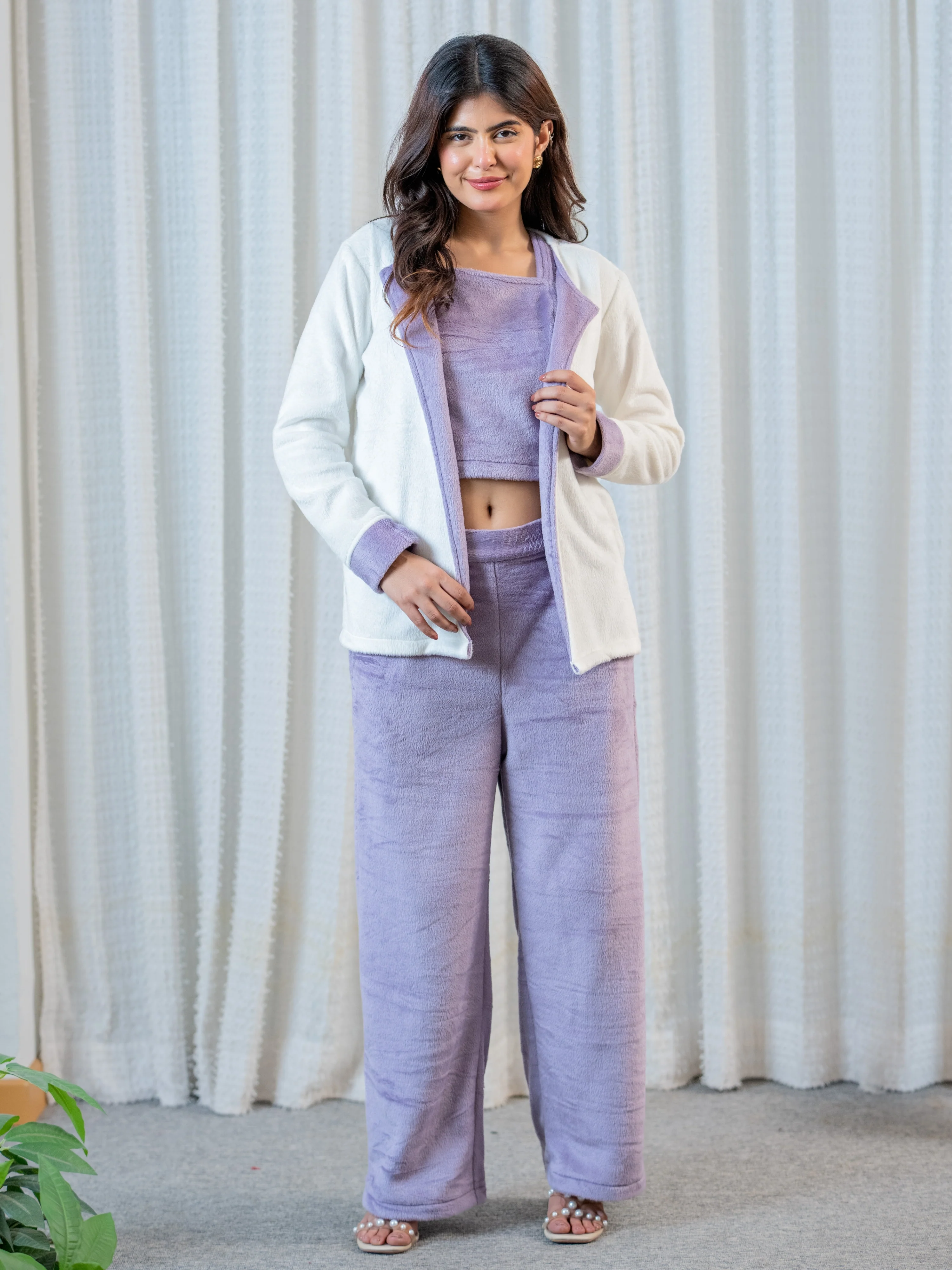 Lavender Super Soft Woollen Contrast Shrug Set - Image 3