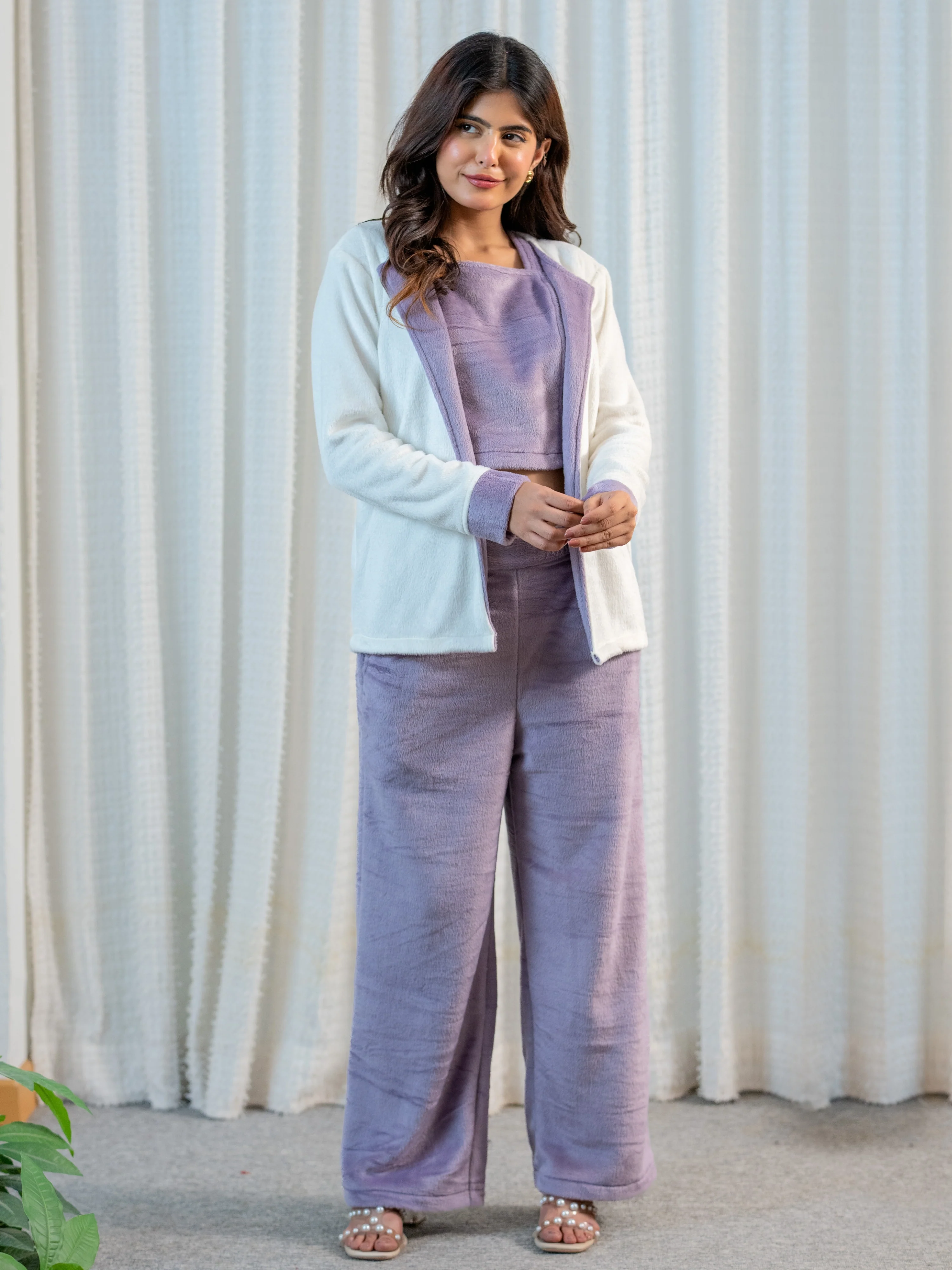 Lavender Super Soft Woollen Contrast Shrug Set - Image 6