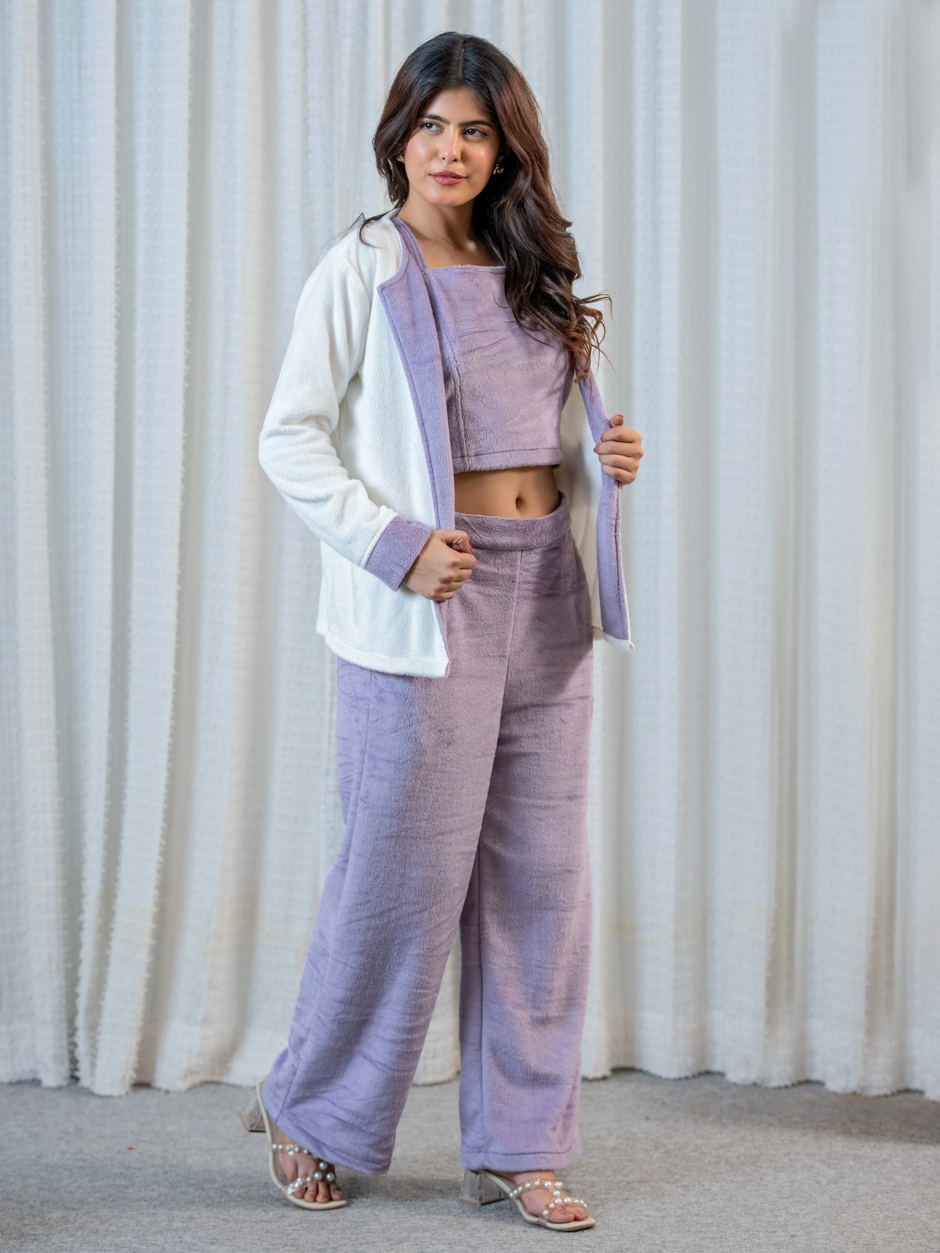 Lavender Super Soft Woollen Contrast Shrug Set - Image 7