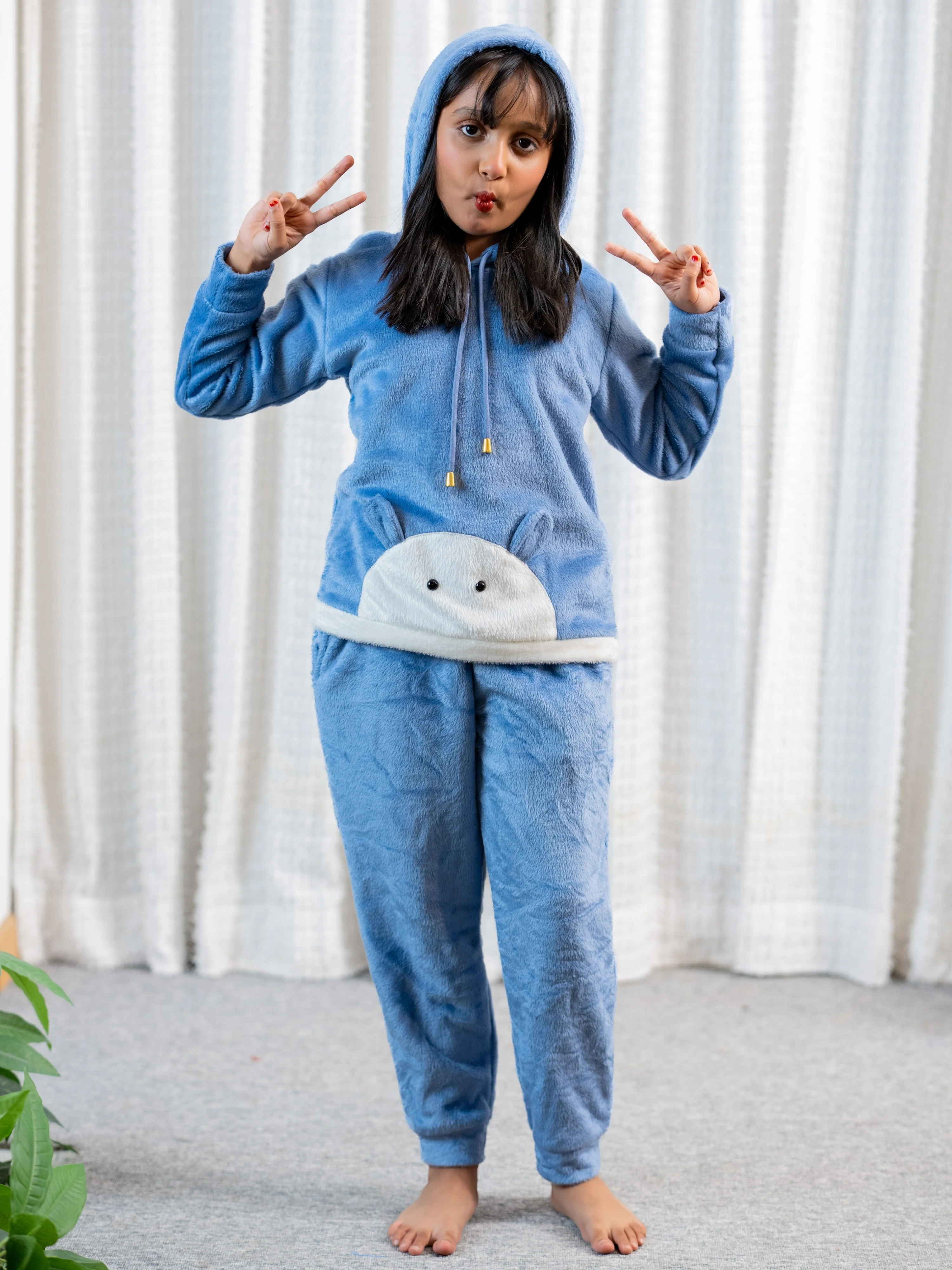 Light Blue Super Soft Kids Unisex Woollen 3D Ear Hoodie Set - Image 5