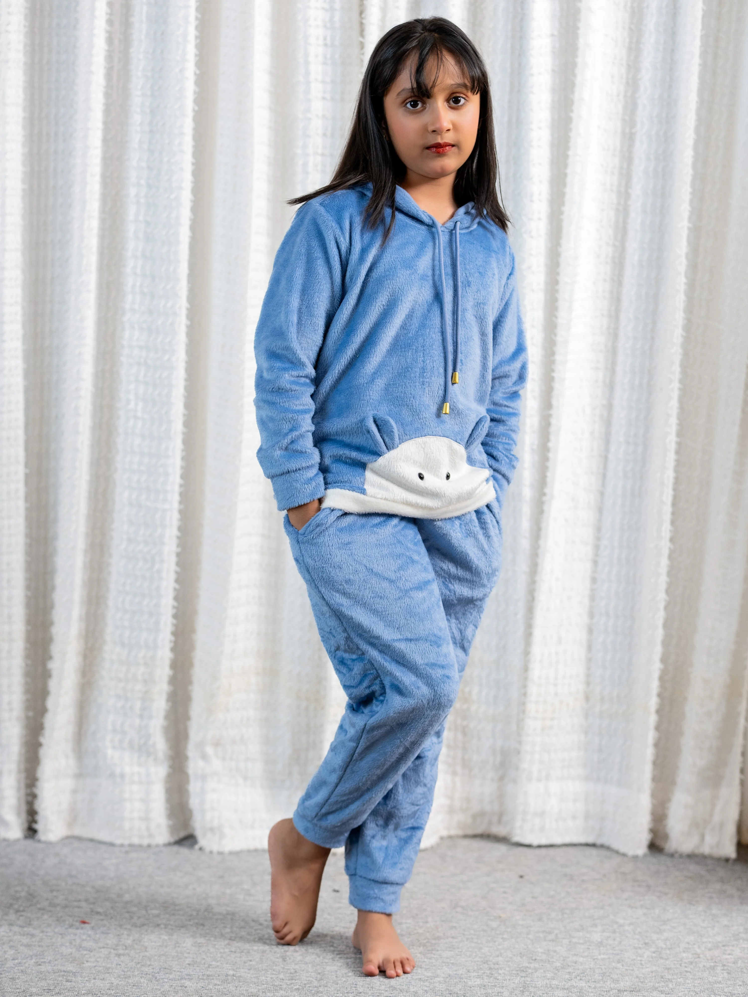 Light Blue Super Soft Kids Unisex Woollen 3D Ear Hoodie Set - Image 8