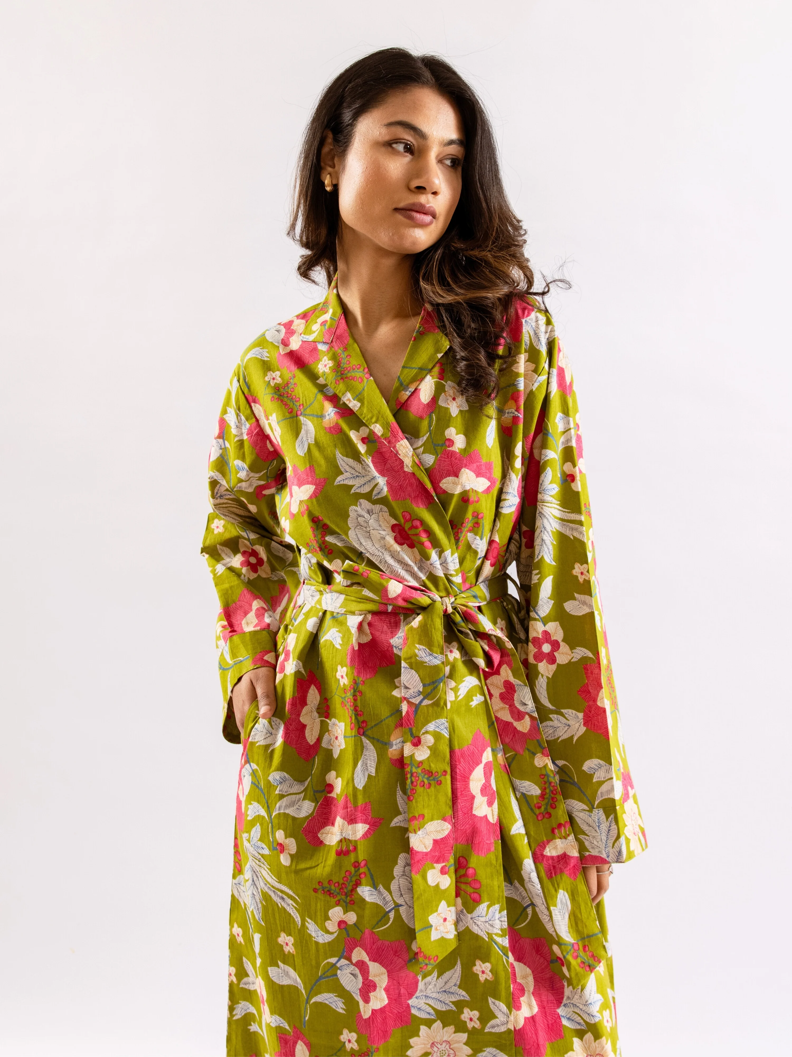 Lime Green Sassy Citrus Pure Cotton V neck Sleepwear Robe Set - Image 6