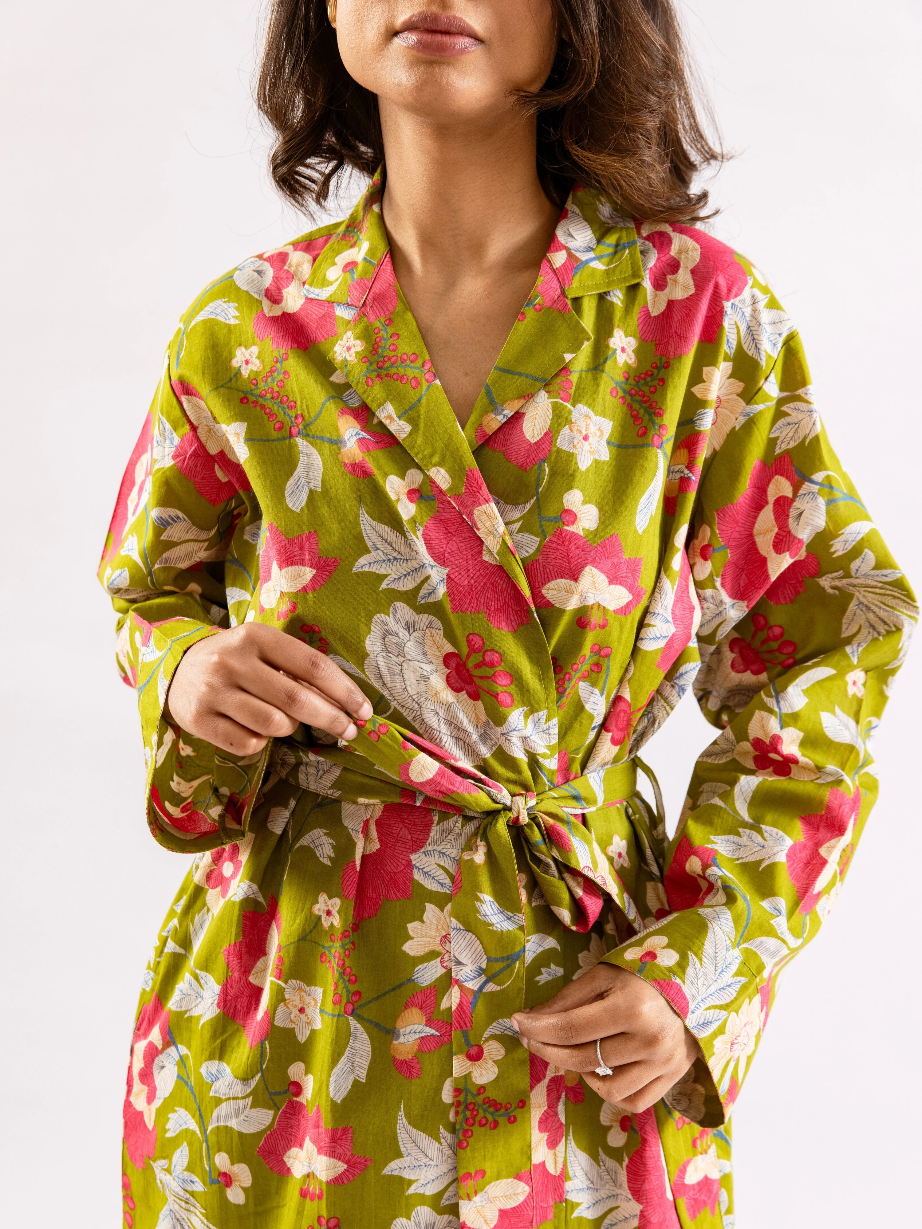 Lime Green Sassy Citrus Pure Cotton V neck Sleepwear Robe Set - Image 7