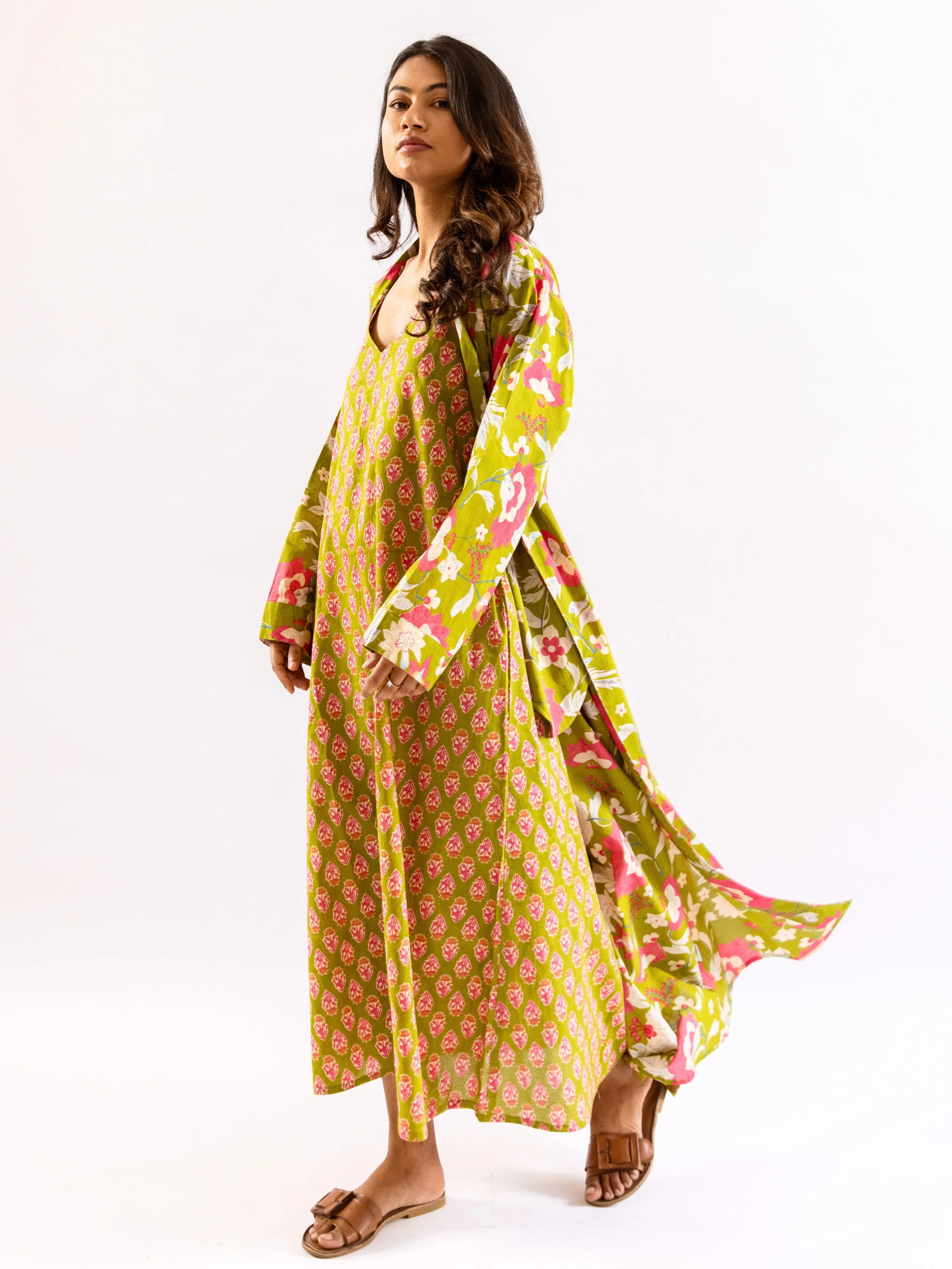 Lime Green Sassy Citrus Pure Cotton V neck Sleepwear Robe Set - Image 9