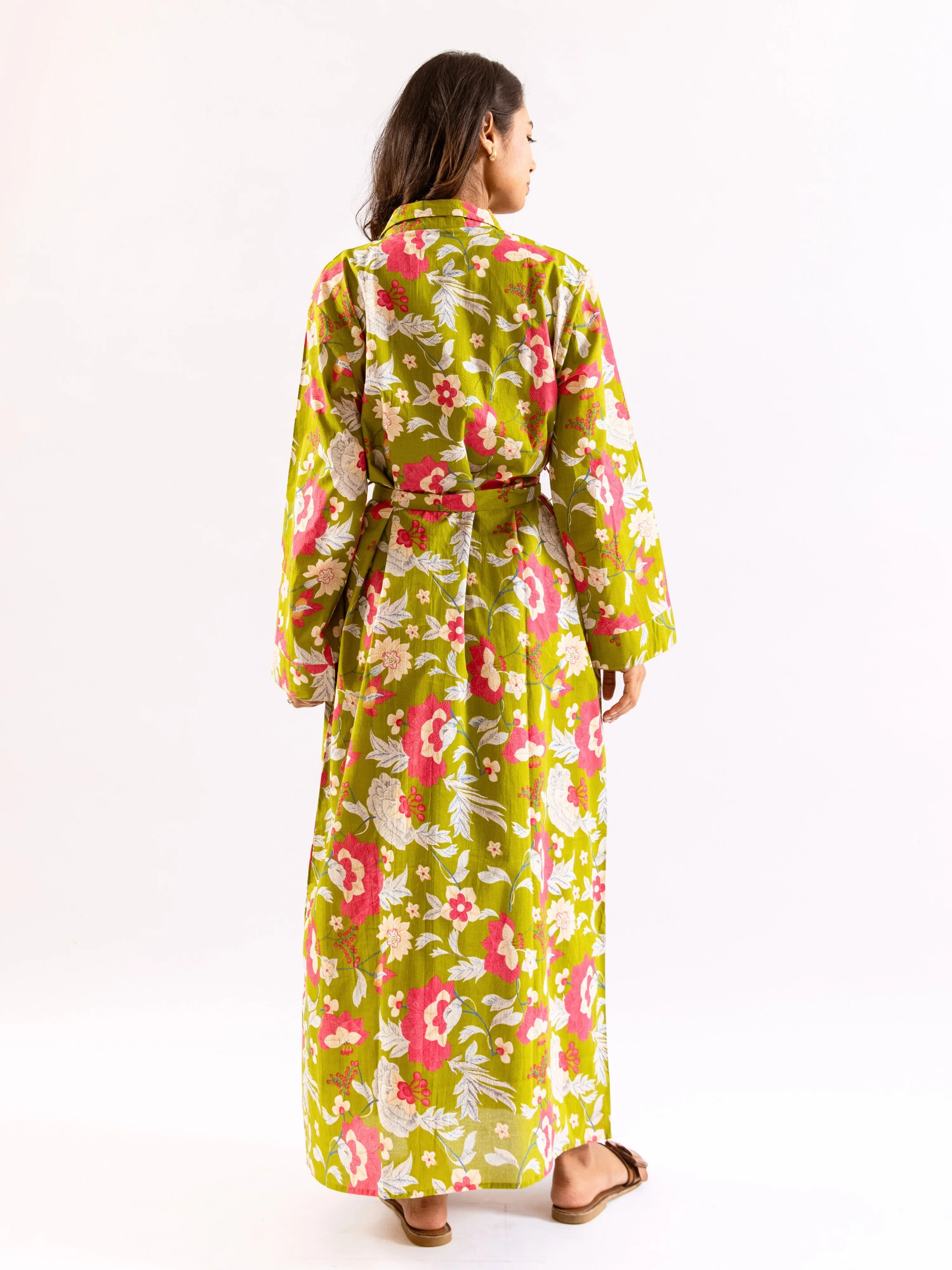 Lime Green Leafy Hush Pure Cotton Collar Neck Robe - Image 3