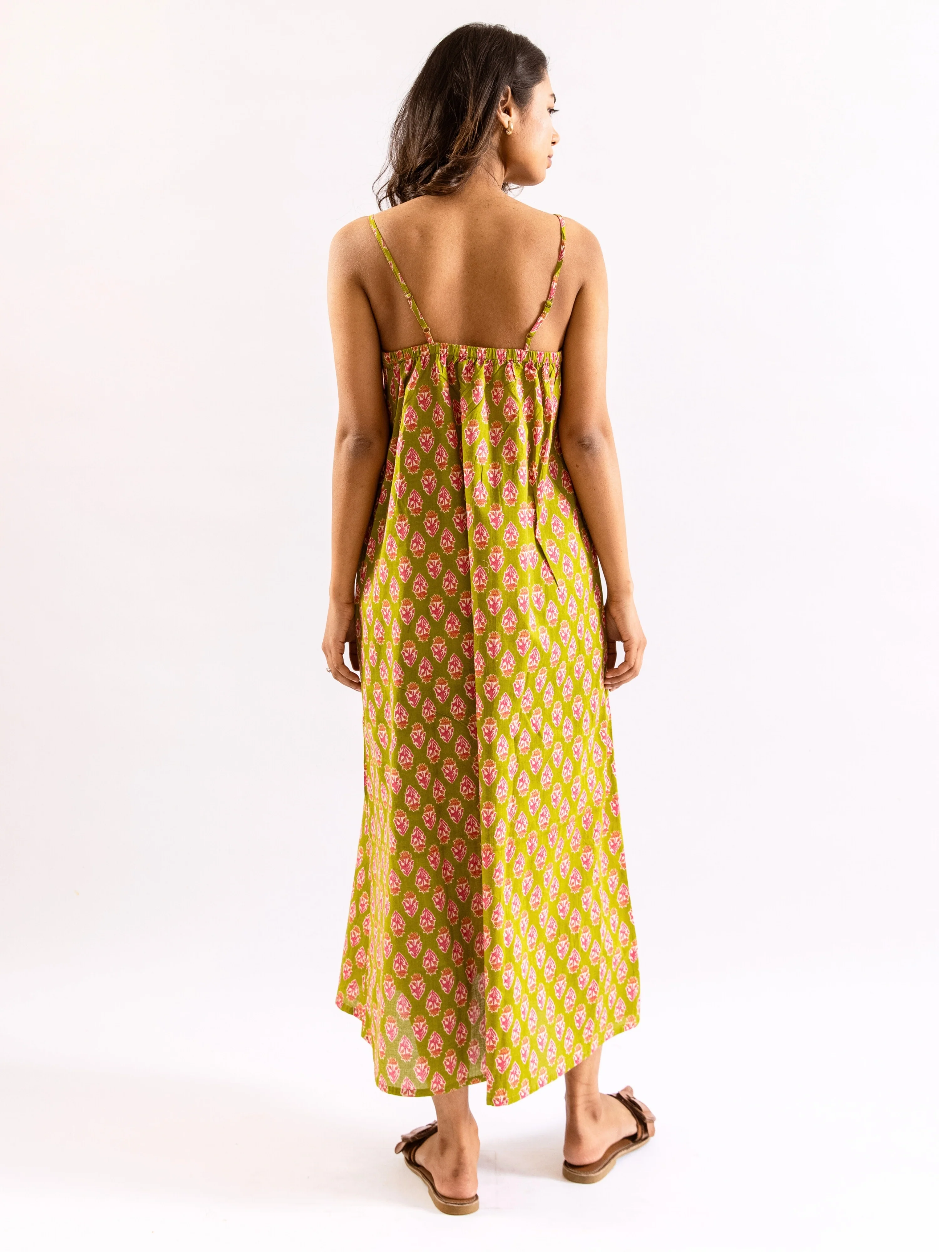 Lime Green Mist Bloom Pure Cotton v neck Night Maxi - Image 3