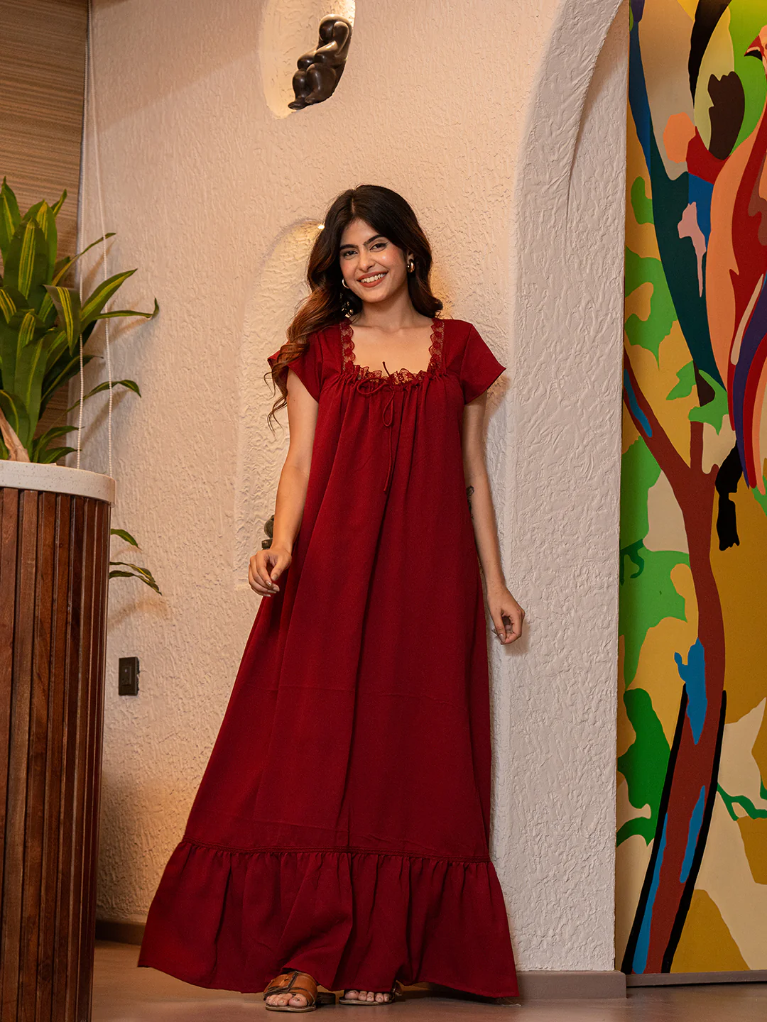 Maroon Flared Soft Crepe Night Maxi - Image 11