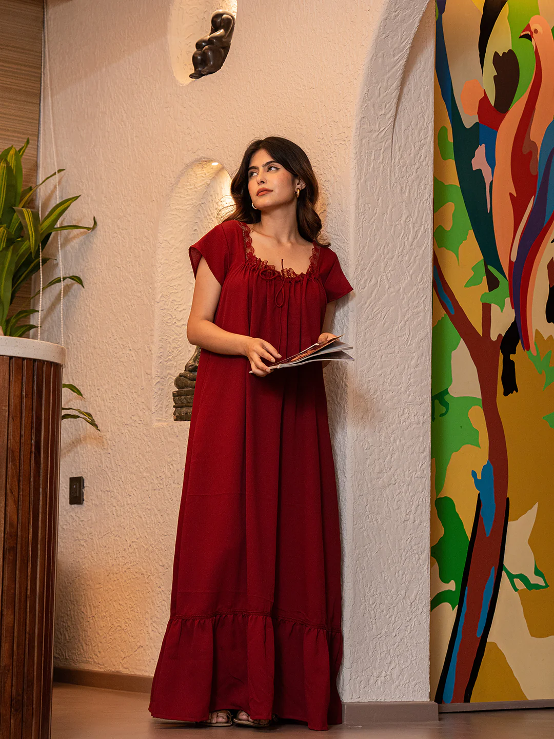 Maroon Flared Soft Crepe Night Maxi - Image 14