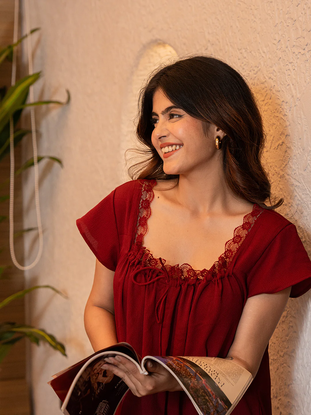 Maroon Flared Soft Crepe Night Maxi - Image 17