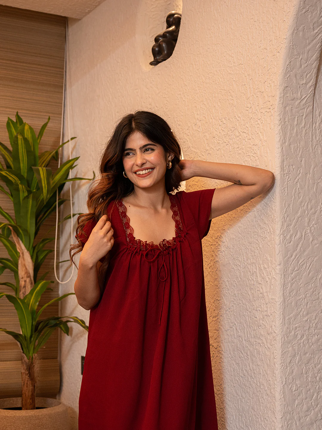Maroon Flared Soft Crepe Night Maxi - Image 19