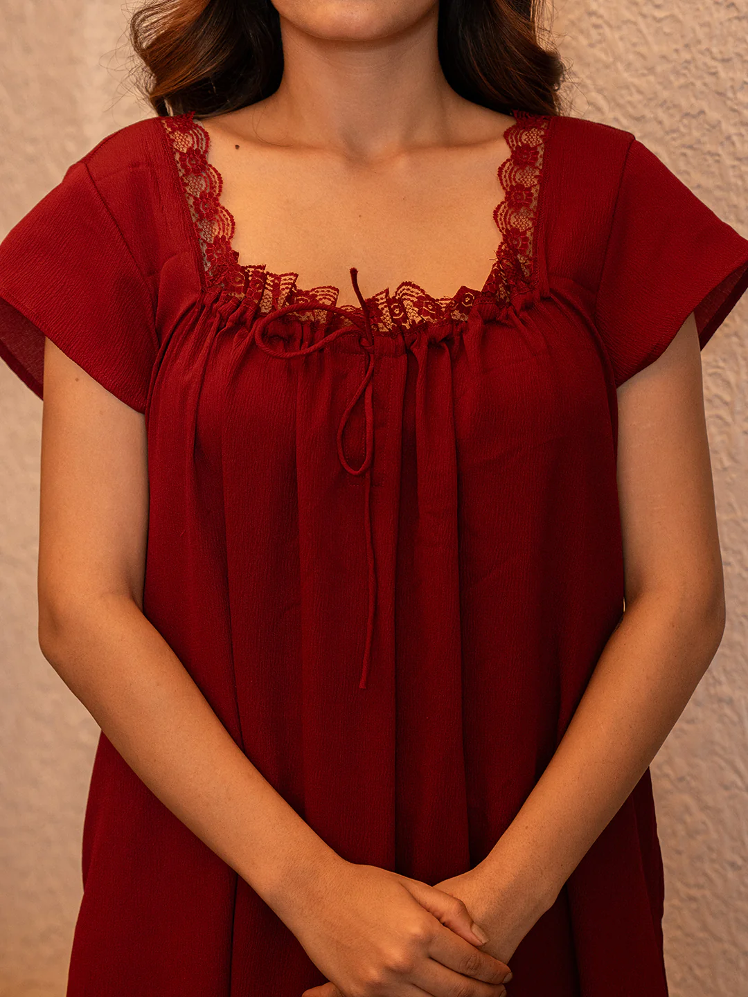 Maroon Flared Soft Crepe Night Maxi - Image 2