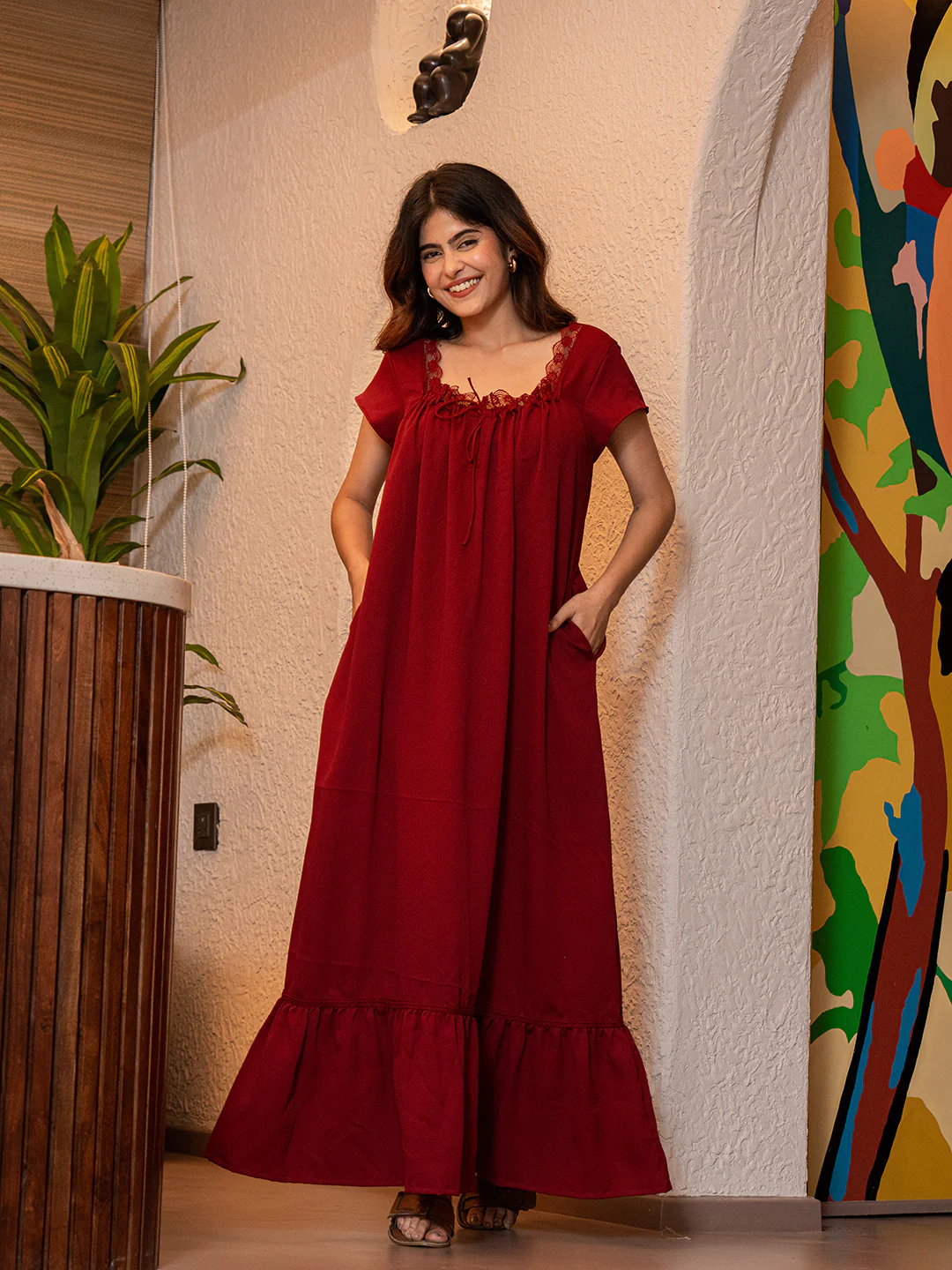 Maroon Flared Soft Crepe Night Maxi - Image 3