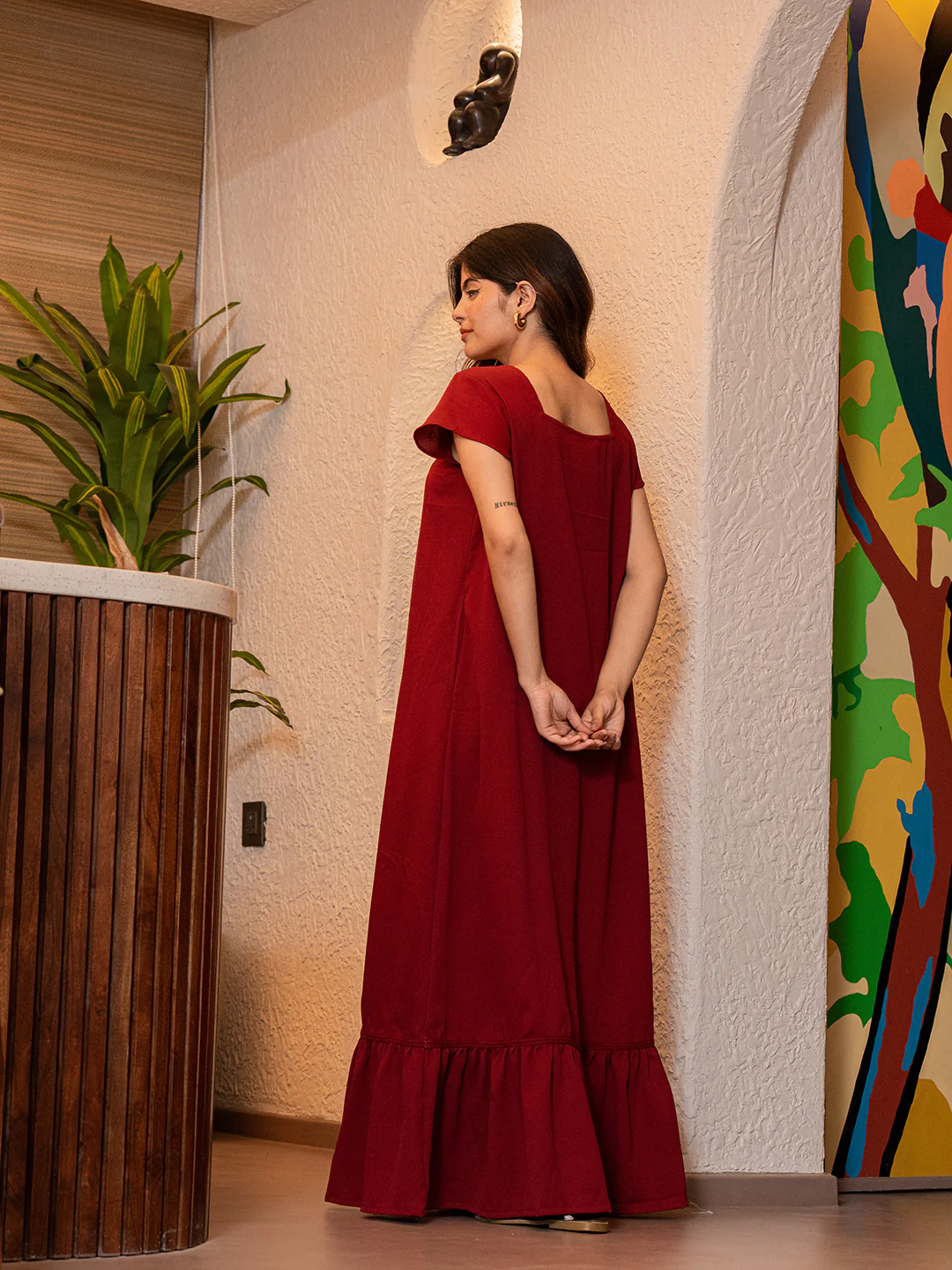Maroon Flared Soft Crepe Night Maxi - Image 4