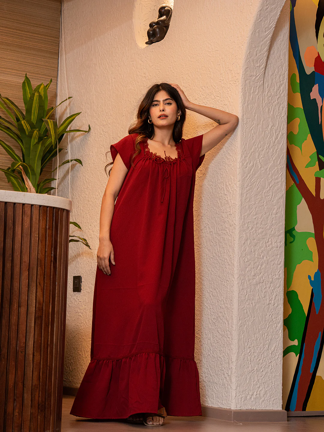 Maroon Flared Soft Crepe Night Maxi - Image 5