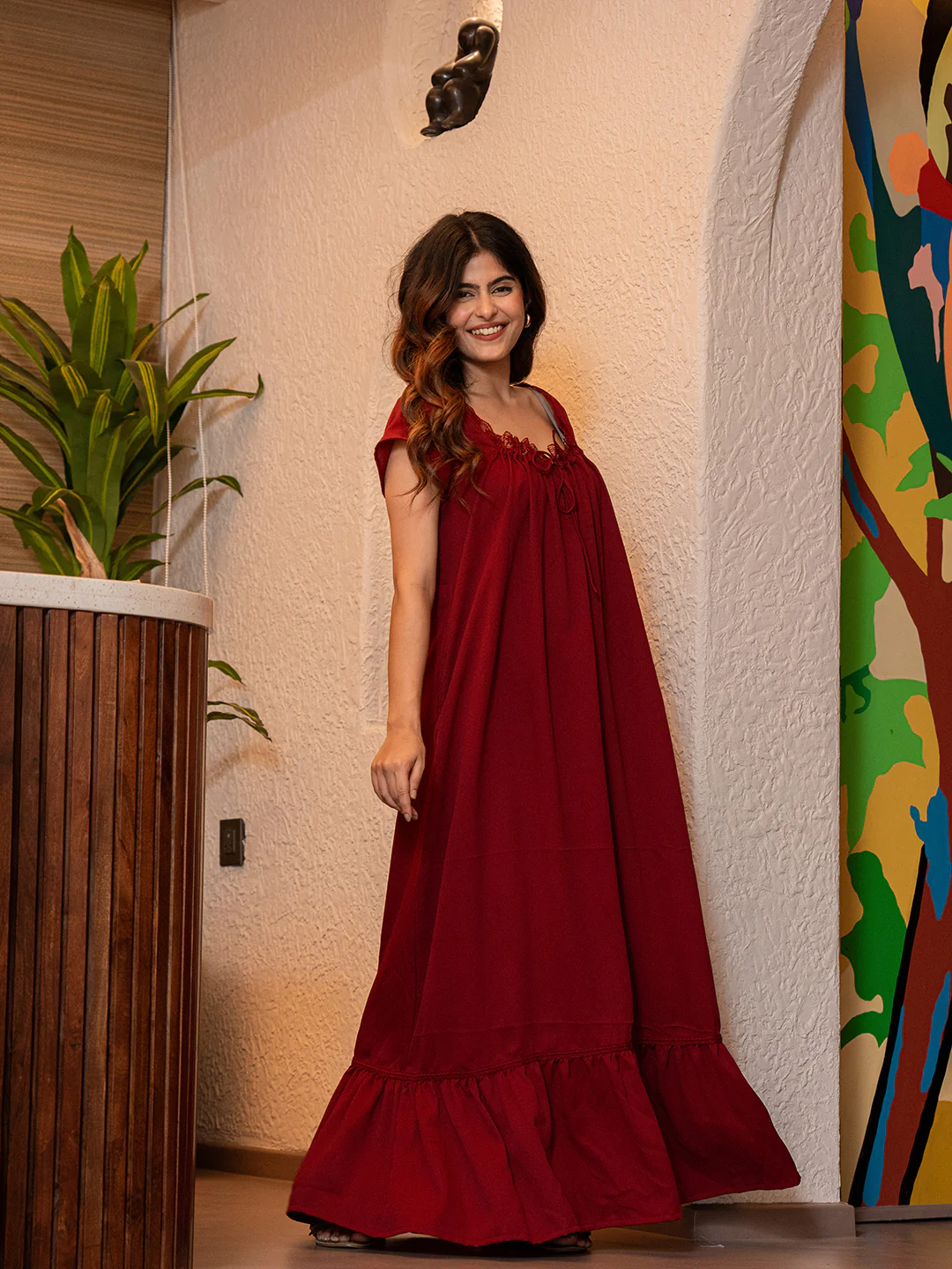 Maroon Flared Soft Crepe Night Maxi - Image 6