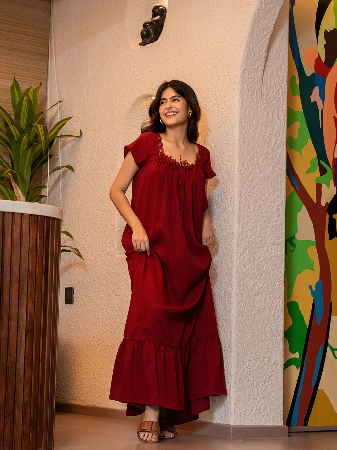 Maroon Flared Soft Crepe Night Maxi - Image 8