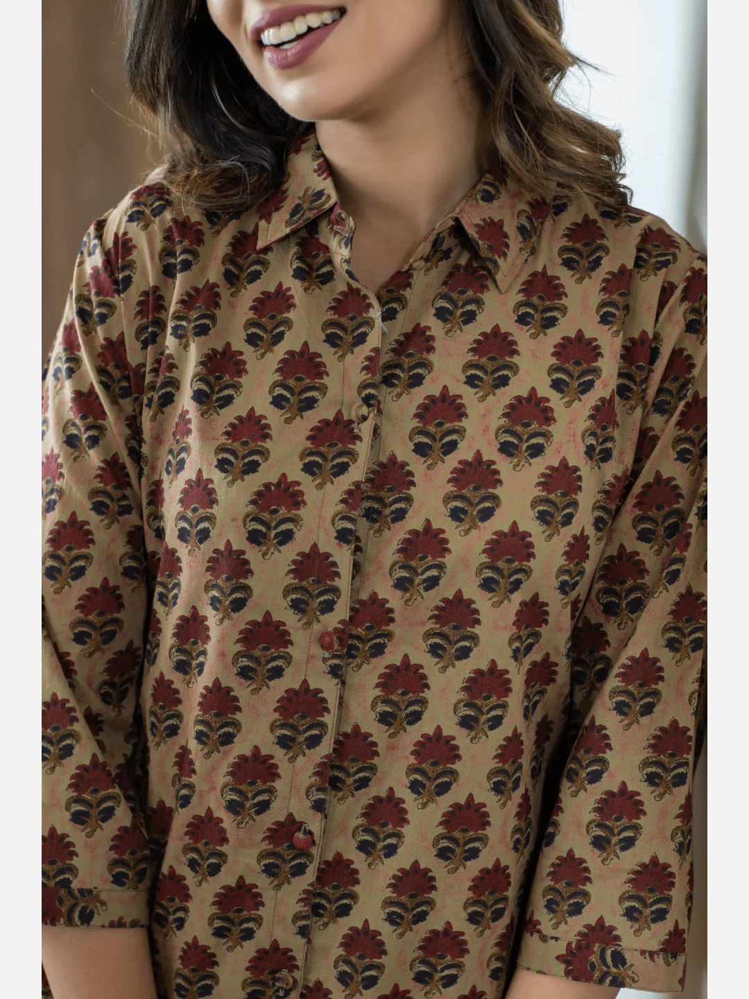 Mesh Brown Collared Cotton Loungewear - Image 2
