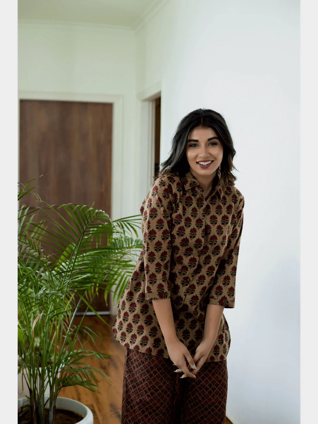 Mesh Brown Collared Cotton Loungewear - Image 6