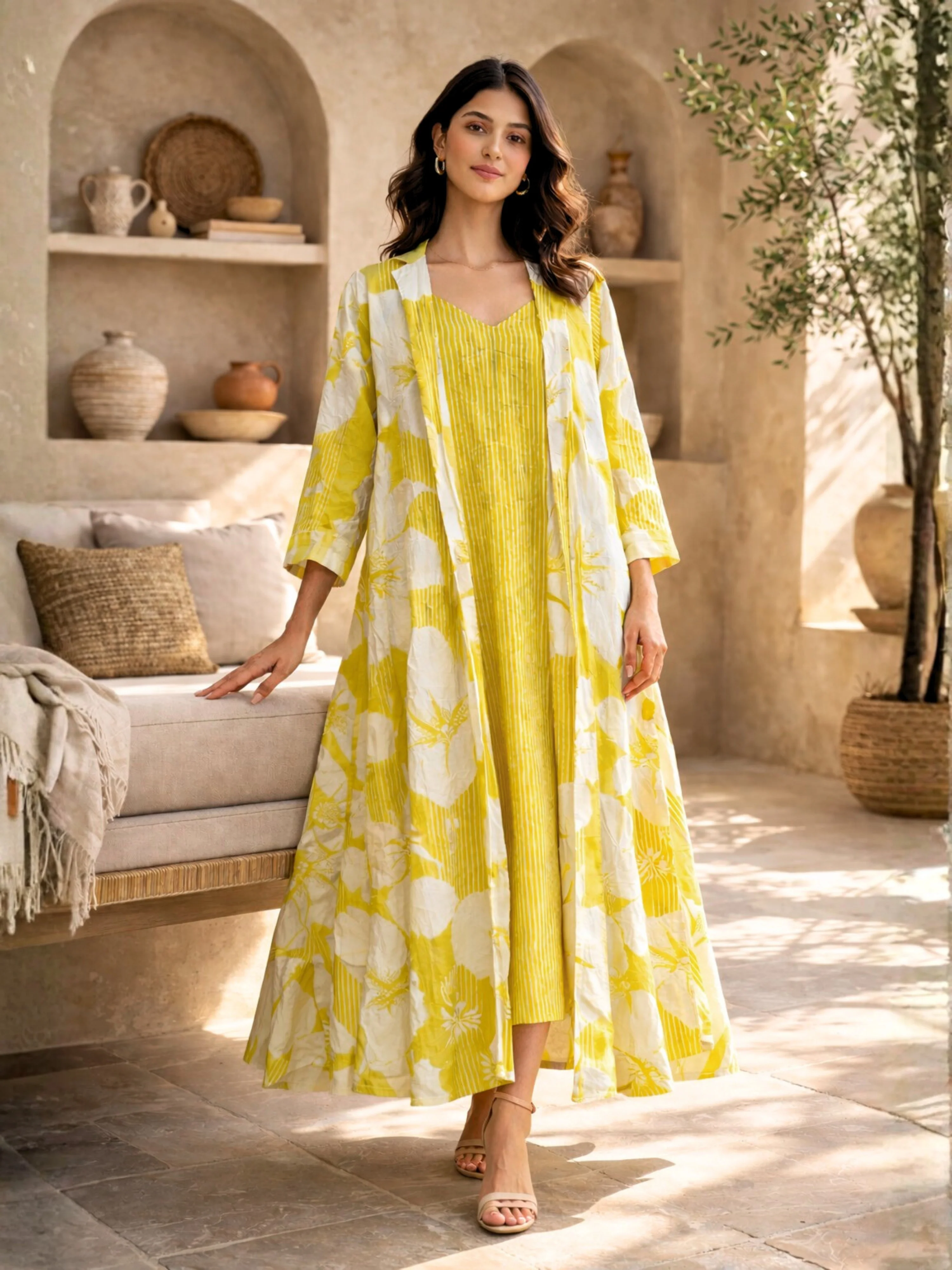 Mimosa Floral Pure Cotton Women's Strap Maxi with Robe - Image 3