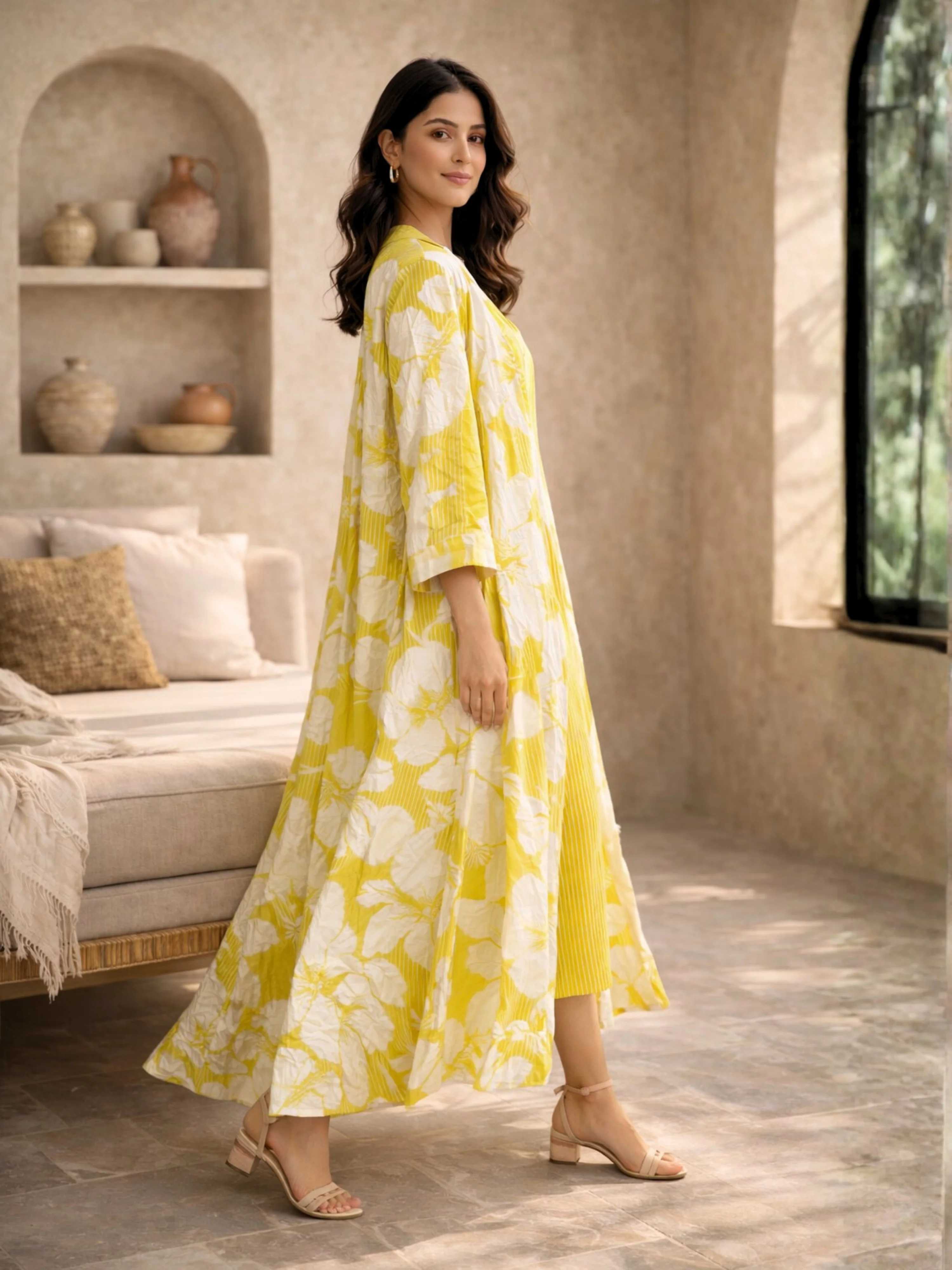 Mimosa Floral Pure Cotton Women's Strap Maxi with Robe - Image 4