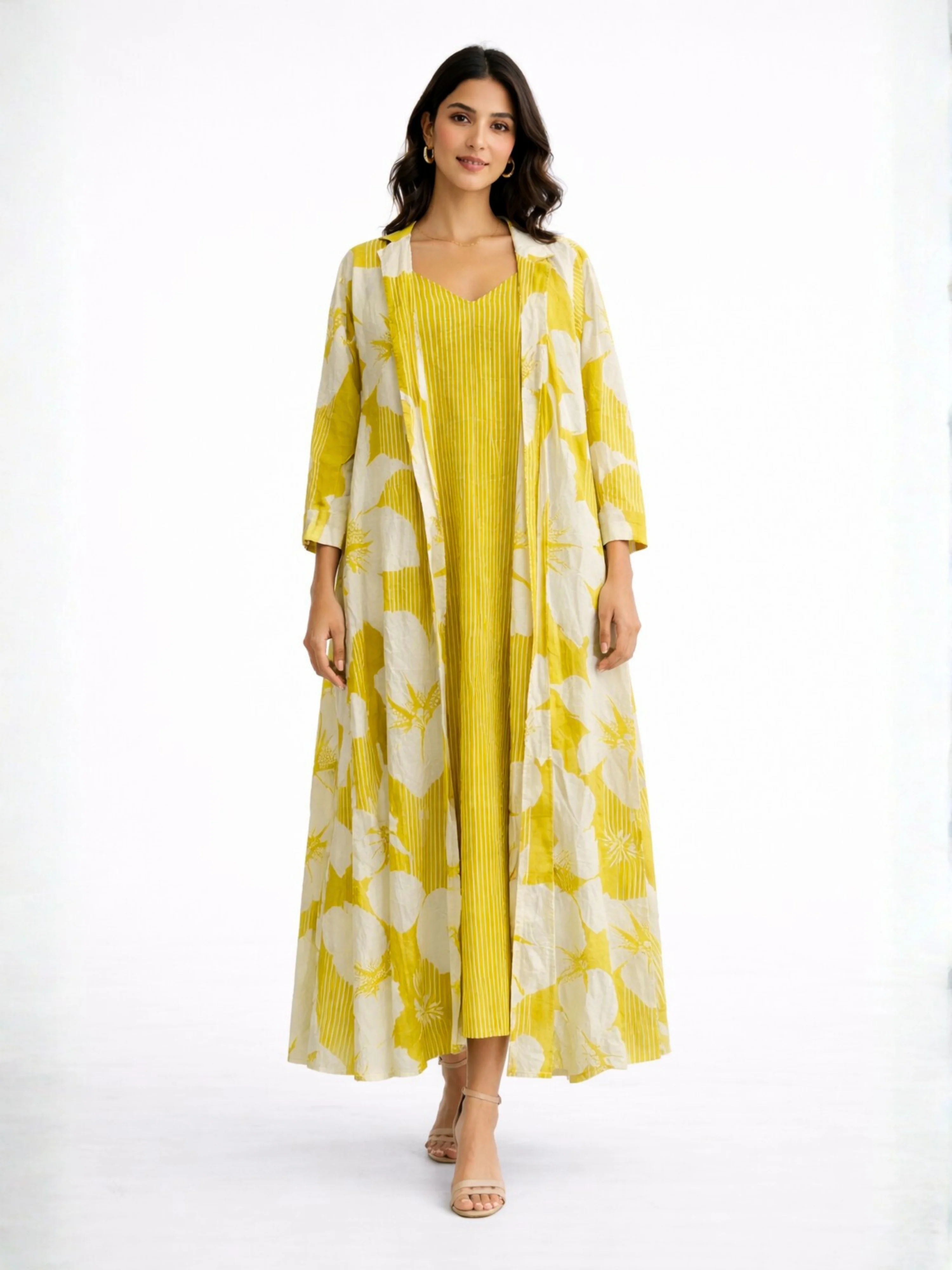 Mimosa Floral Pure Cotton Women's Strap Maxi with Robe - Image 5