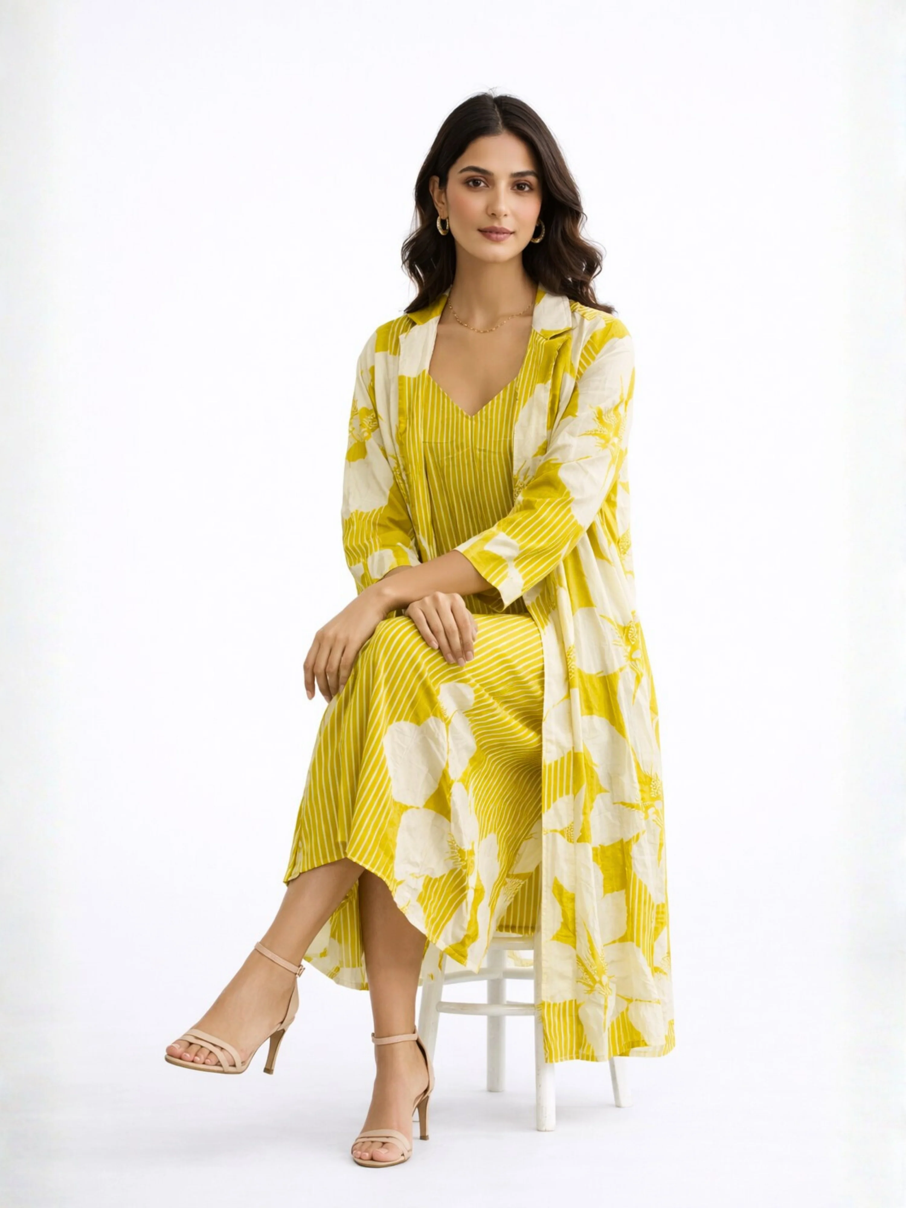 Mimosa Floral Pure Cotton Women's Strap Maxi with Robe - Image 6