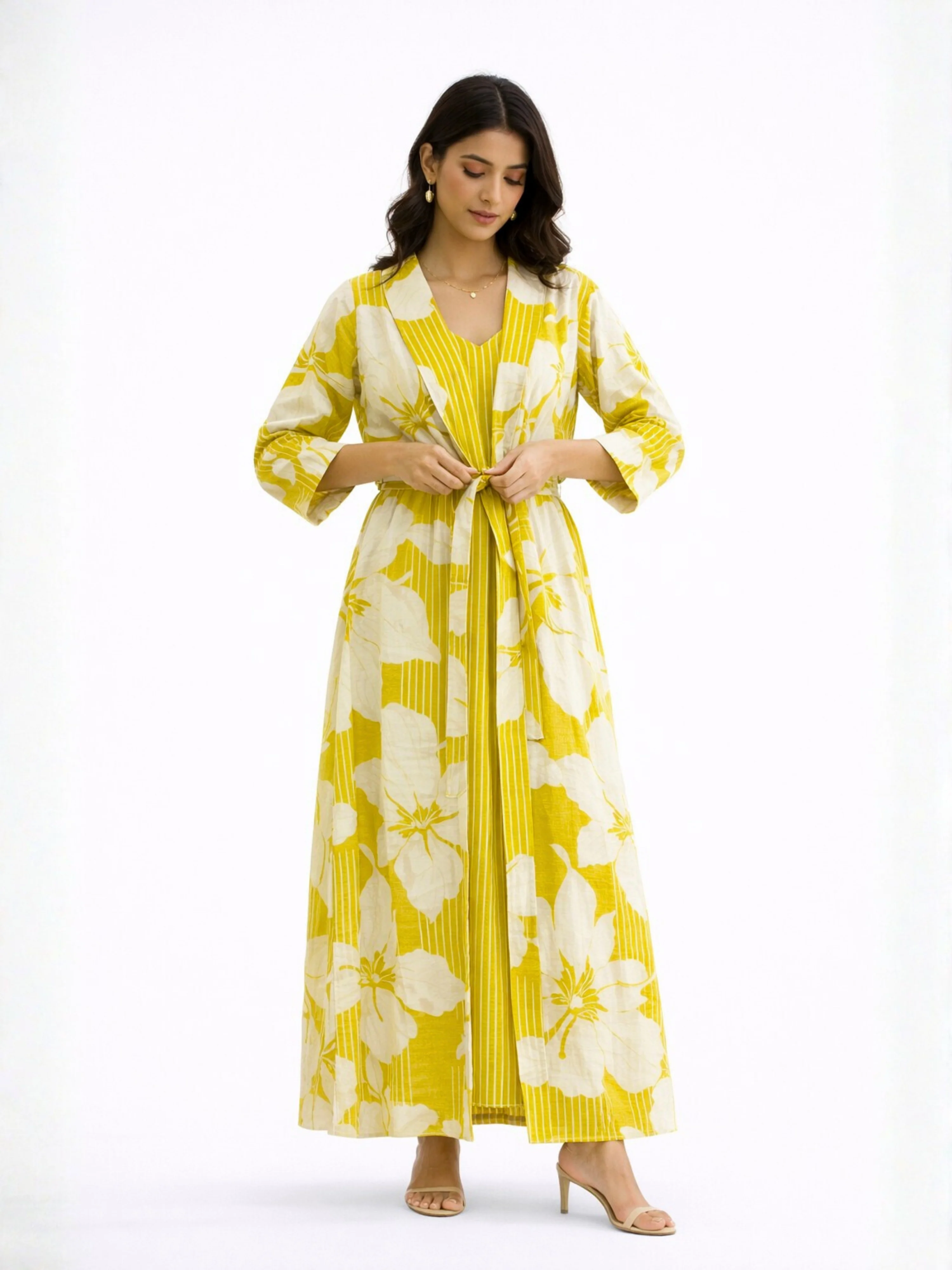 Mimosa Floral Pure Cotton Women's Strap Maxi with Robe - Image 8