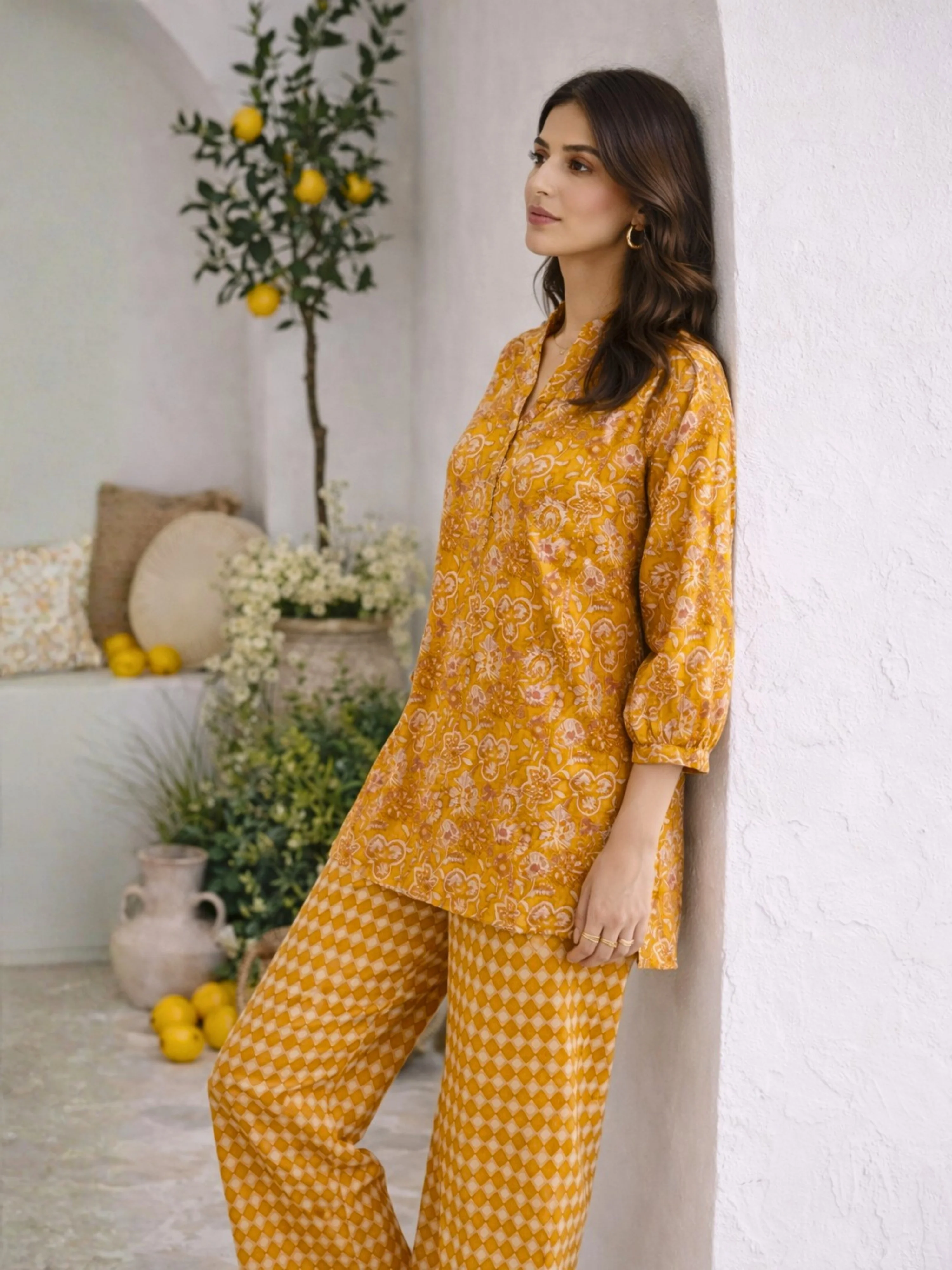 Mustard Flora Flick Pure Cotton Back Pleated Co-ord set - Image 3