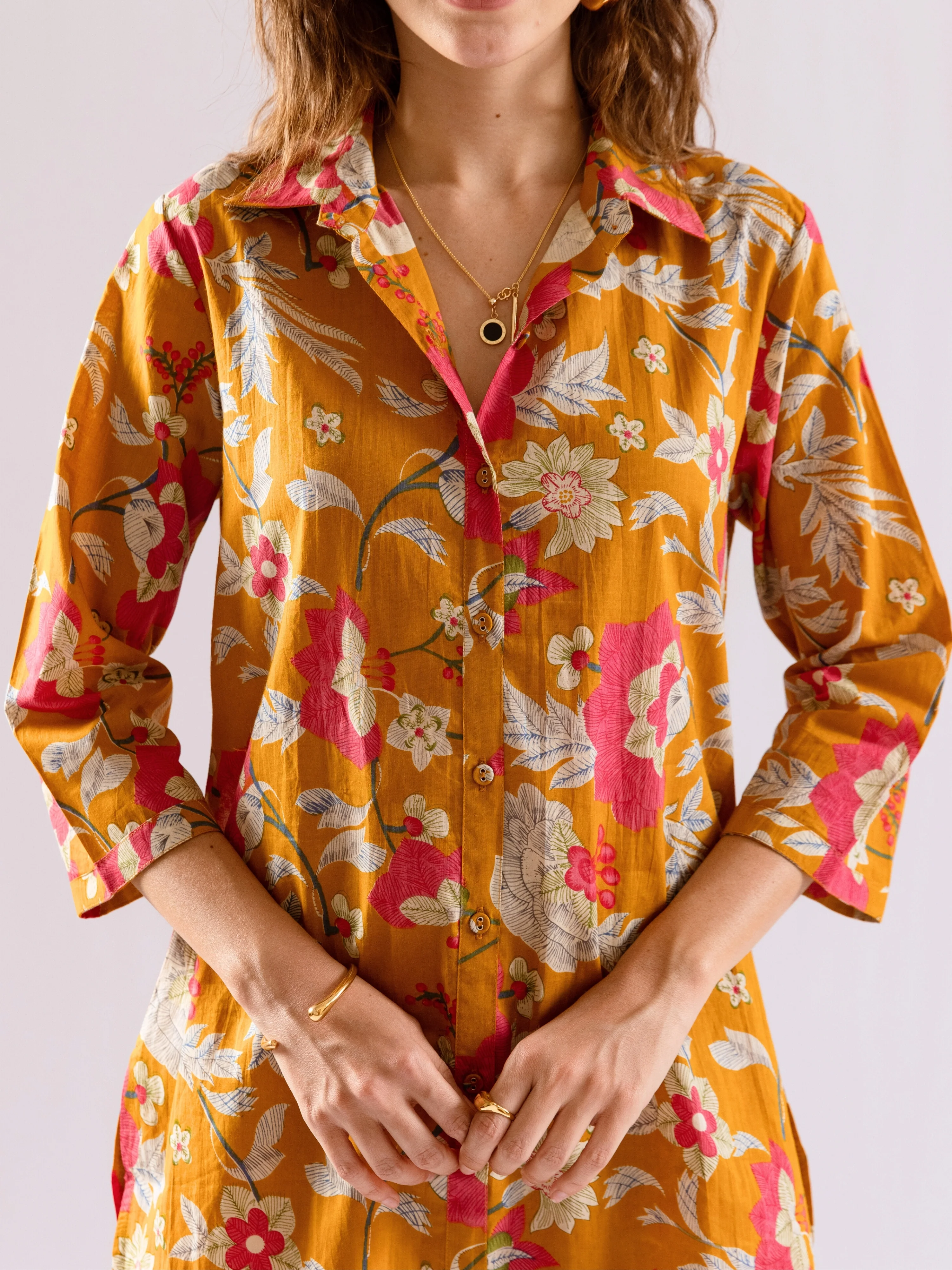 Mustard Saffron Petal Pure Cotton Collar Shirt Co-ord set - Image 2