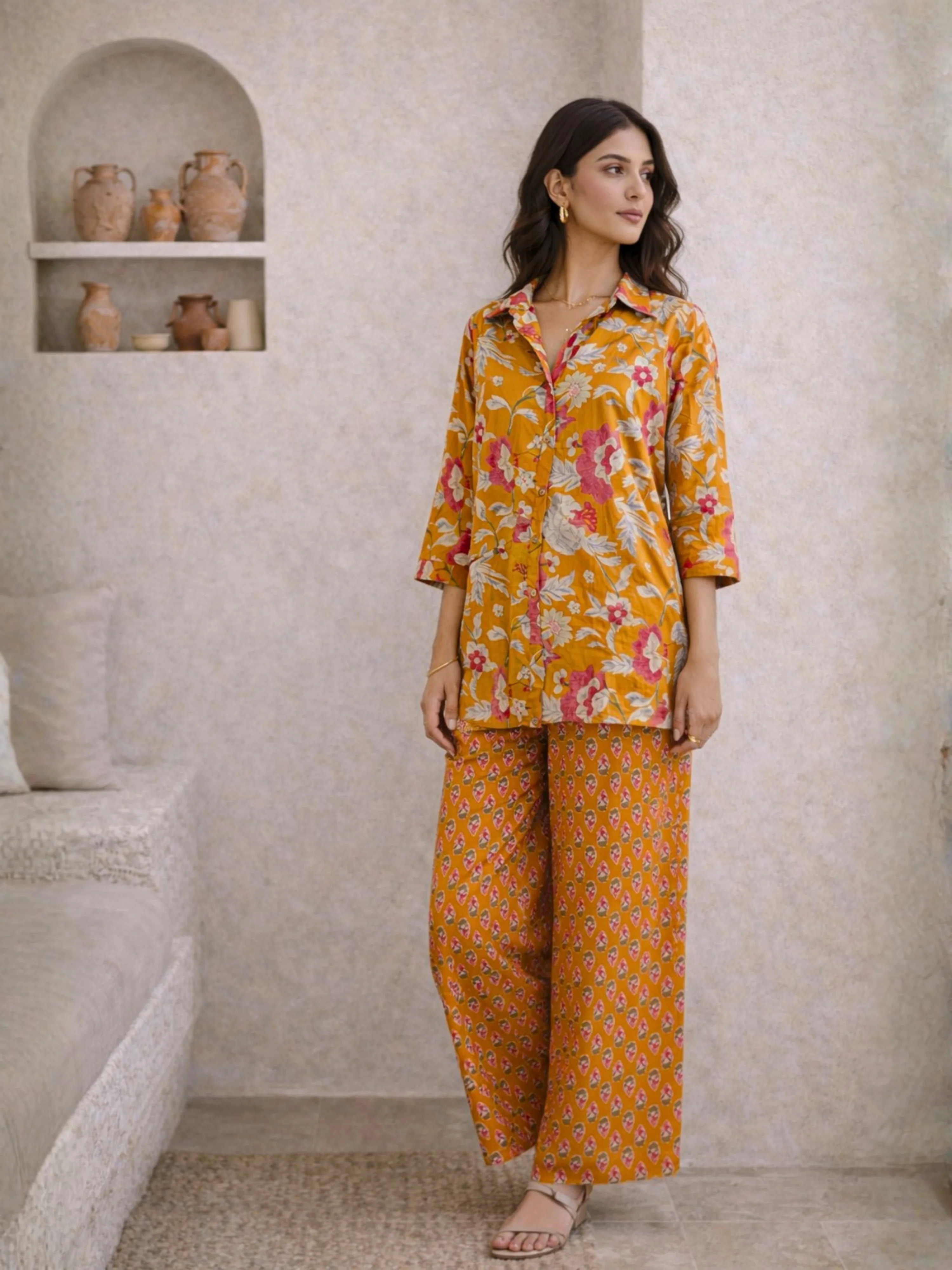 Mustard Saffron Petal Pure Cotton Collar Shirt Co-ord set - Image 3