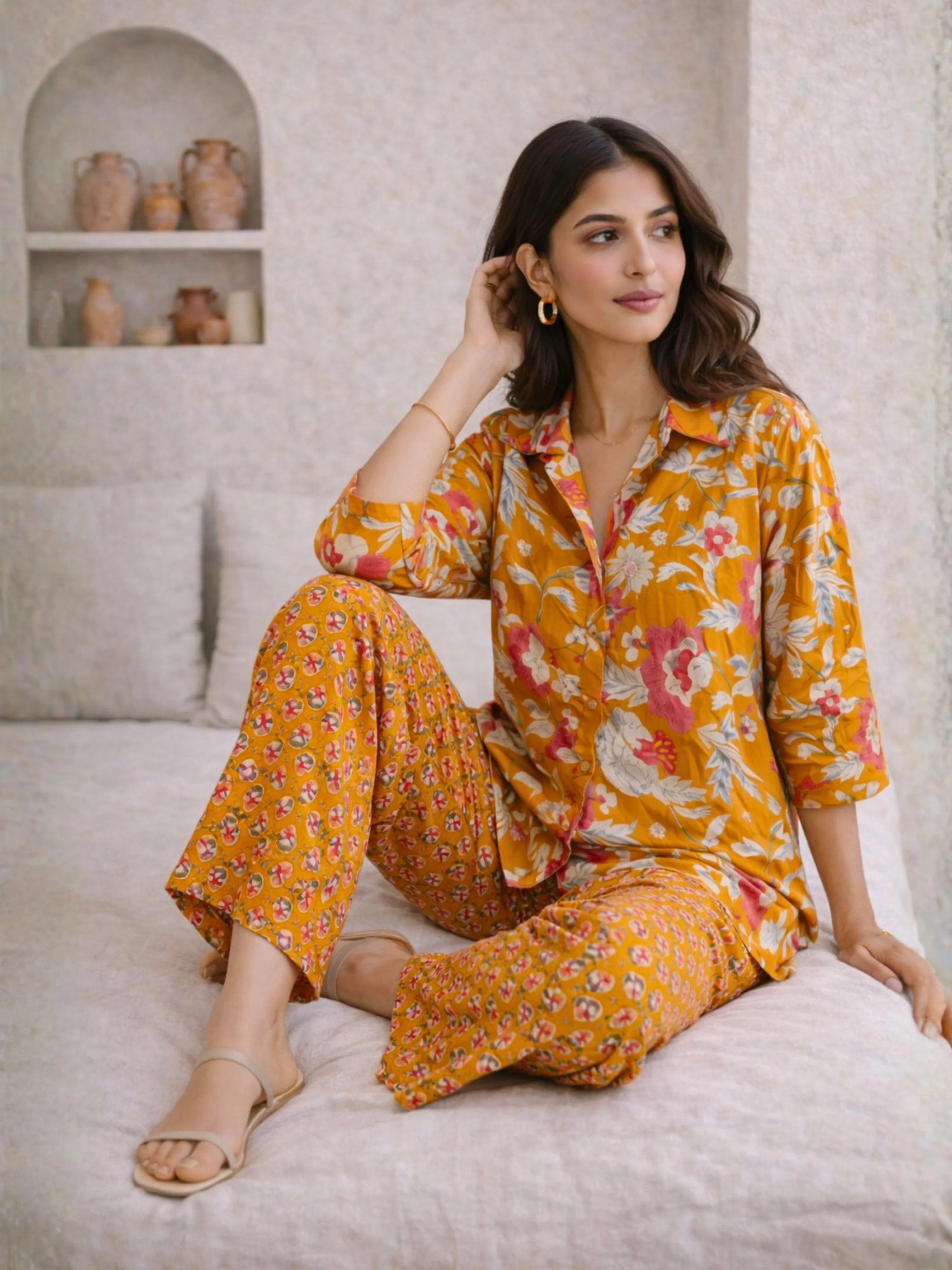 Mustard Saffron Petal Pure Cotton Collar Shirt Co-ord set - Image 4