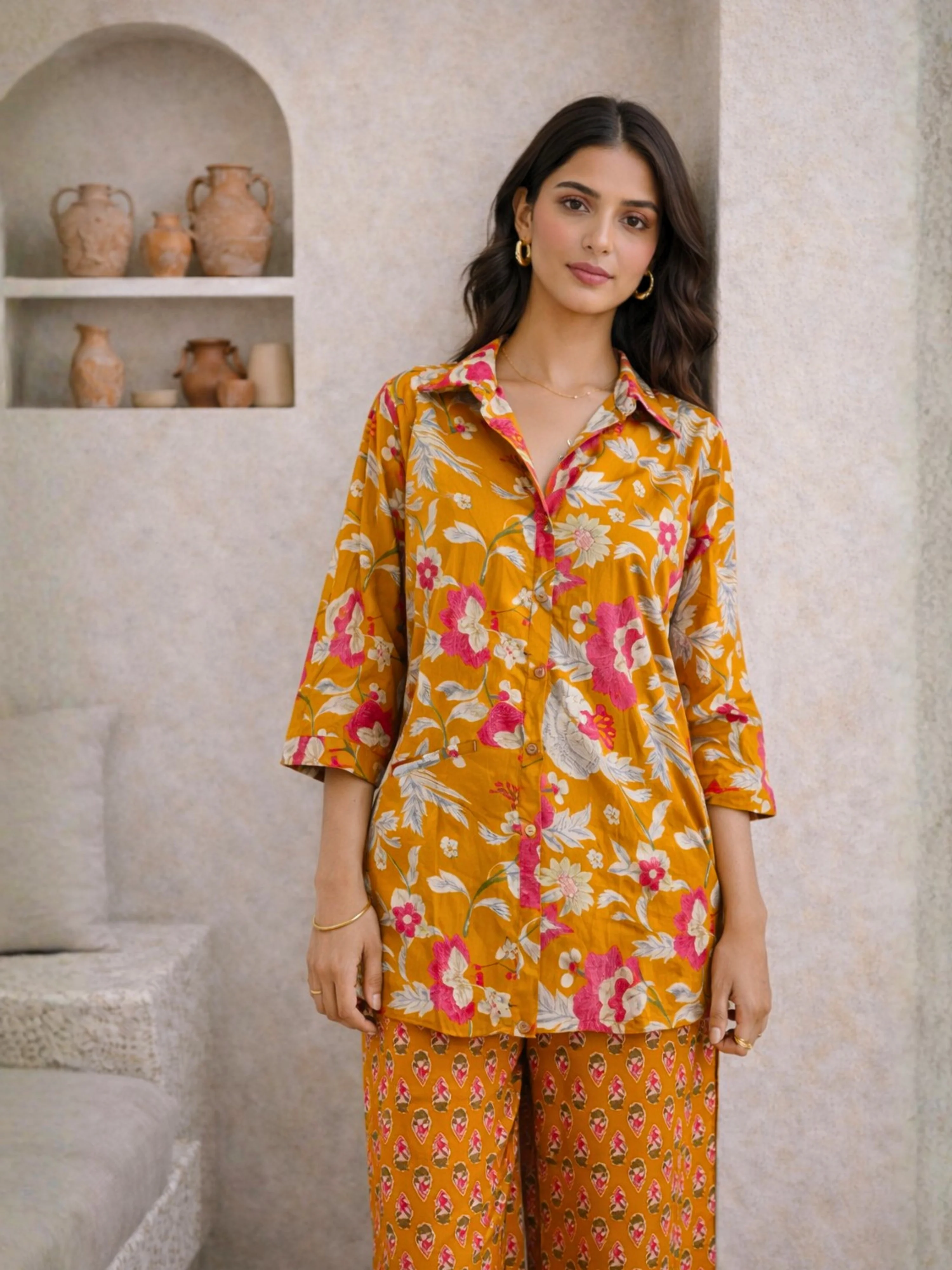 Mustard Saffron Petal Pure Cotton Collar Shirt Co-ord set - Image 5