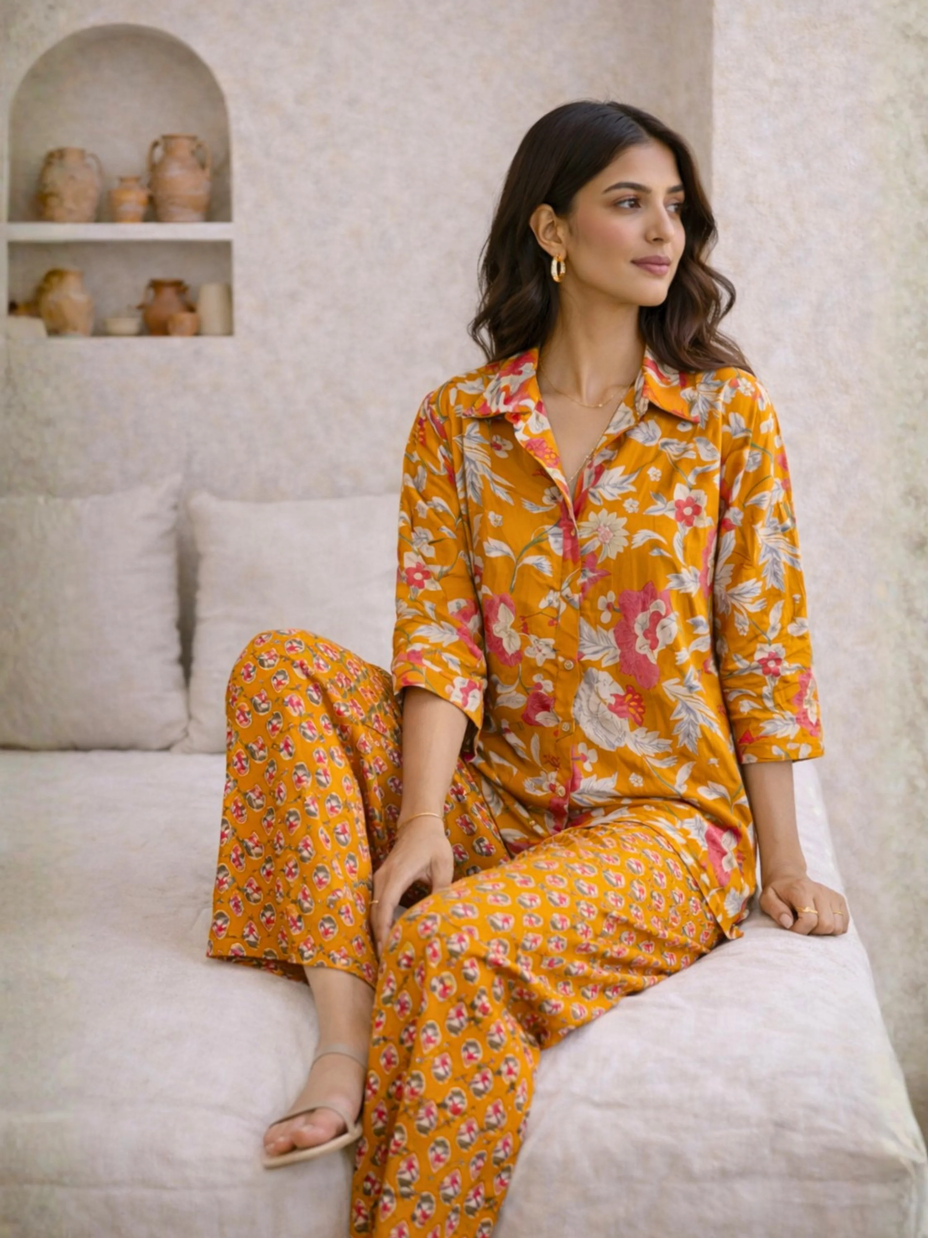 Mustard Saffron Petal Pure Cotton Collar Shirt Co-ord set - Image 6