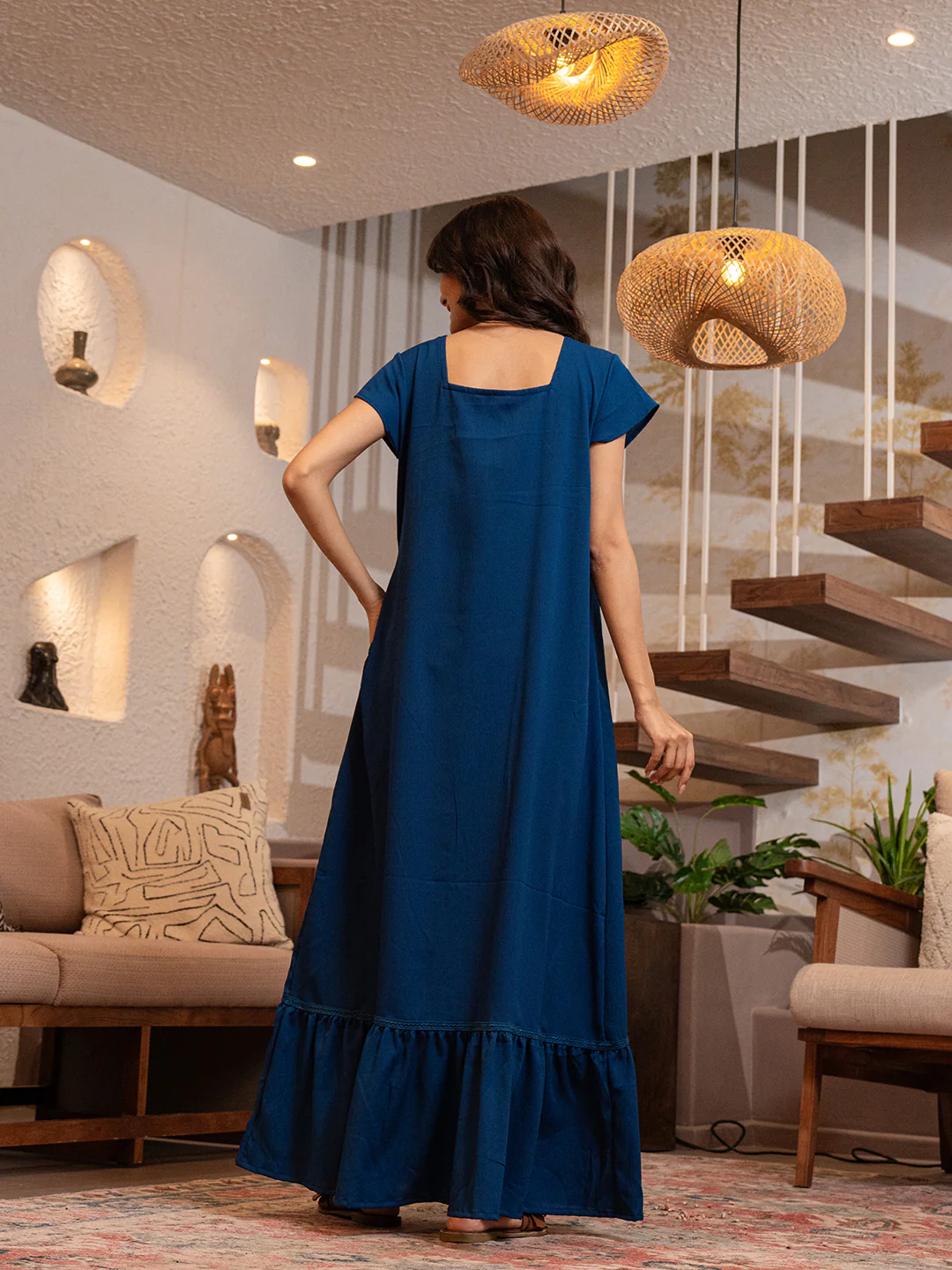 Teal Blue Flared Soft Crepe Night Maxi - Image 3